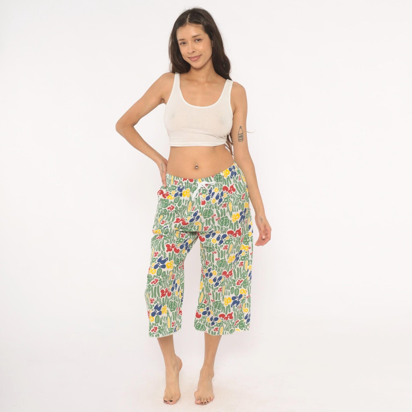 90s Vegetable Garden Print Culottes White Wide Leg Capri Cotton Medium M
