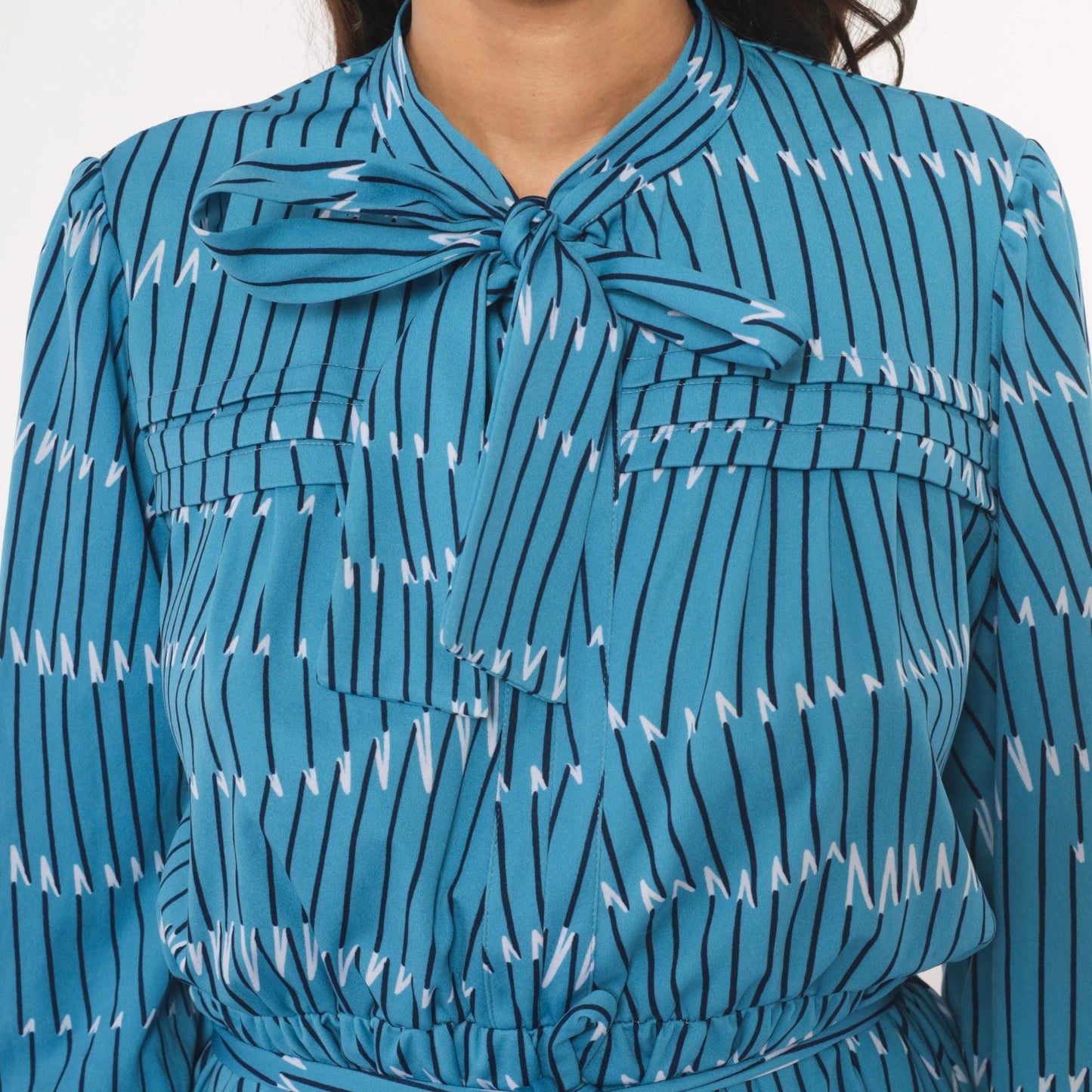 70s Teal Geometric Stripe Bow Neck Dress Puff Sleeve Belted Knee Length Large L
