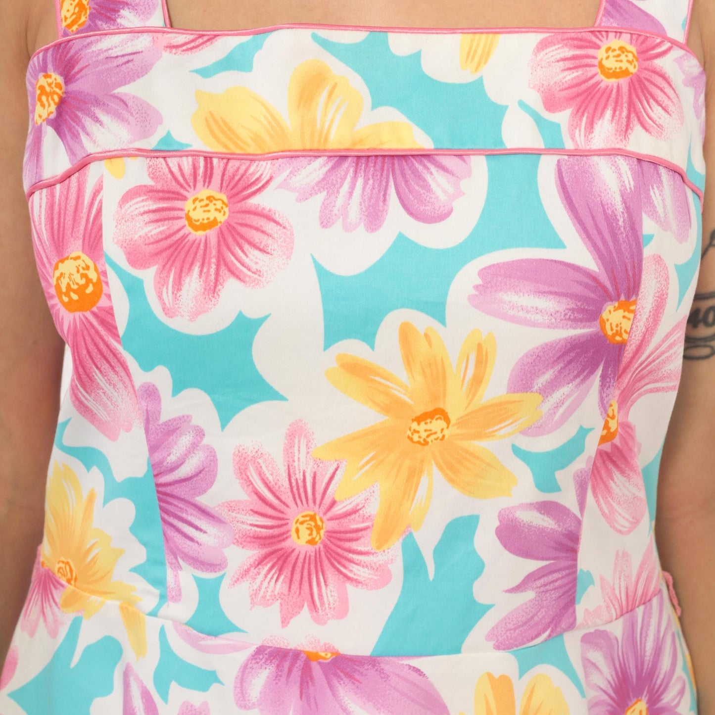 90s Scarlett Floral Sundress Square Neck Daisy Print Sky Blue Medium M