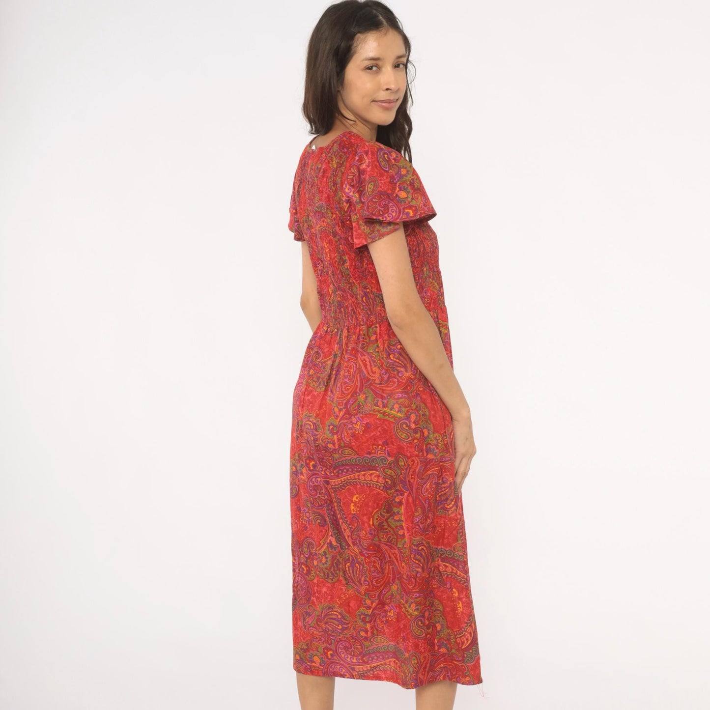 70s Metropolitan Paisley Smocked Midi Dress Red Flutter Sleeve Cotton Large L