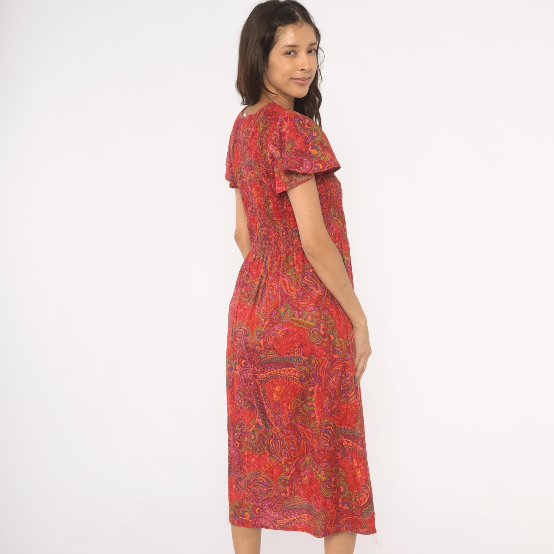 70s Metropolitan Paisley Smocked Midi Dress Red Flutter Sleeve Cotton Large L