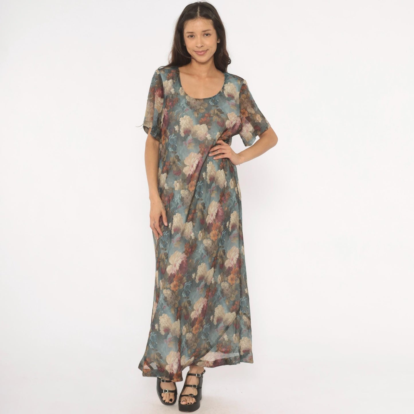 90s De Frantoria Floral Maxi Dress Slate Blue Cream Chiffon Short Sleeve Extra Large XL