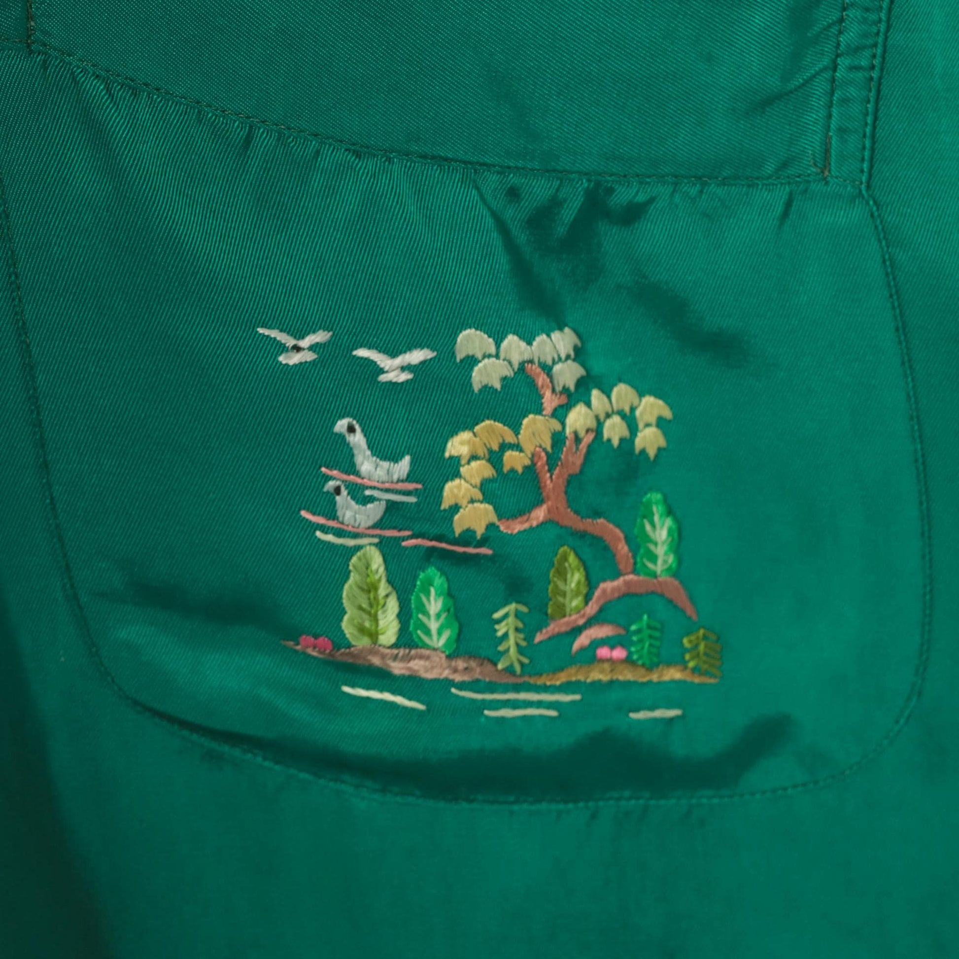 80s Health Silk Kimono Robe Emerald Embroidered Landscape Ankle Length Large L
