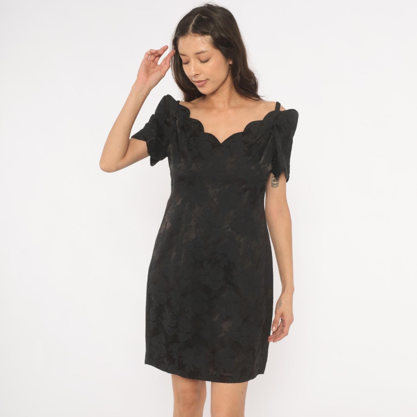 90s Expo Petite Black Floral Jacquard Mini Dress Sweetheart Neckline Medium M