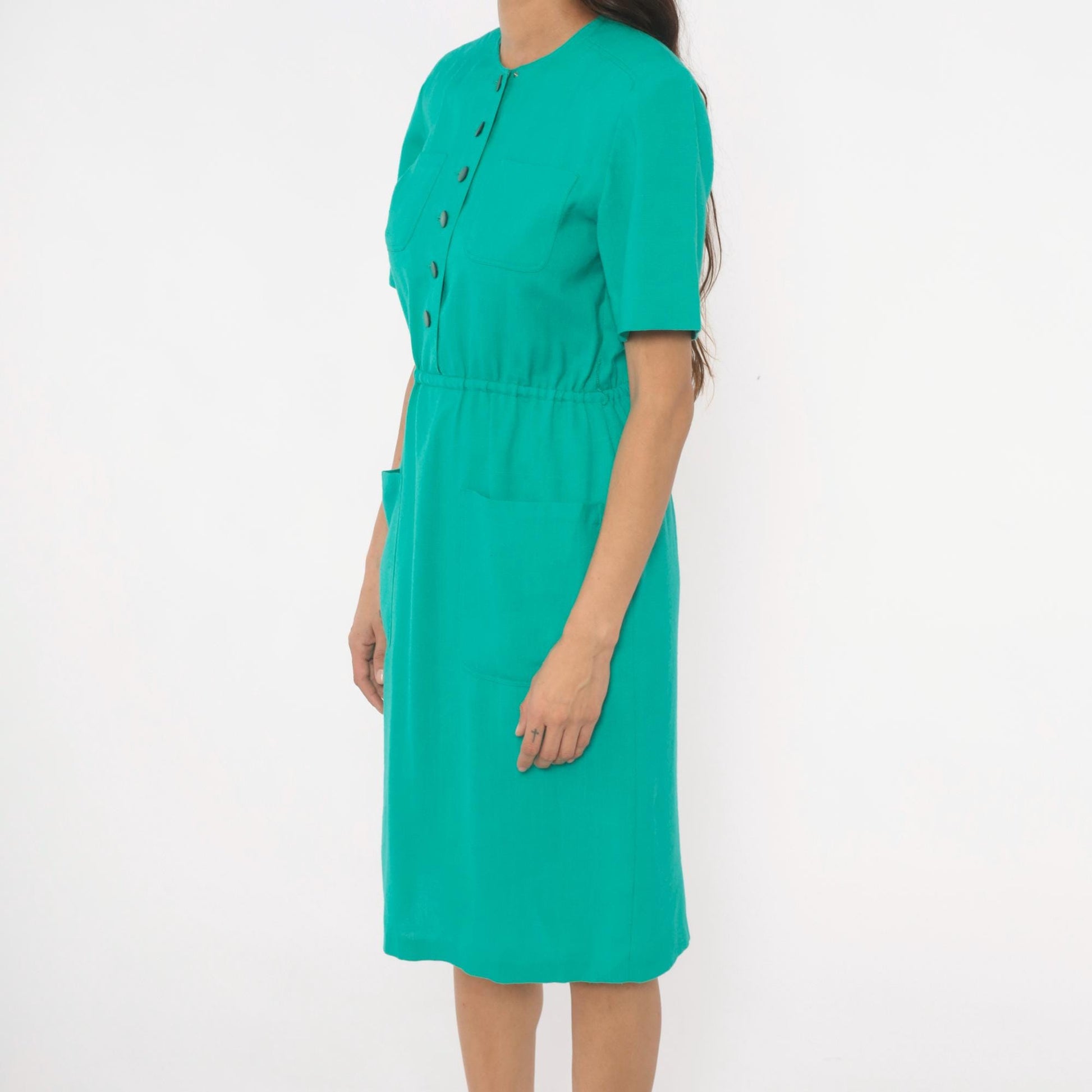 80s Teal Shirtdress Knee-Length Button Front Elastic Waist Small