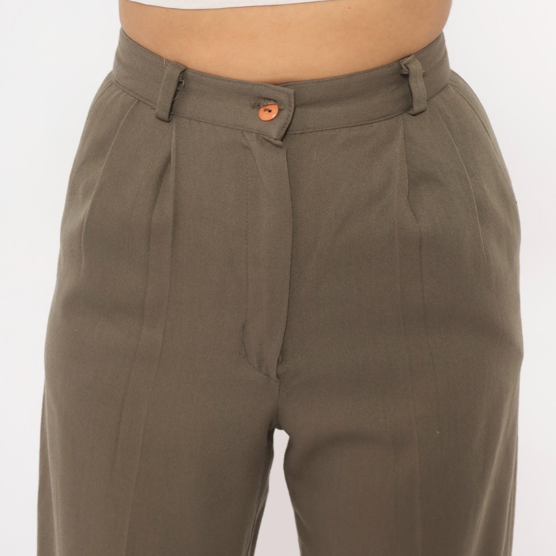 80s Olive Pleated High-Waist Trousers Tapered Ankle Cropped Slacks Extra Small XS