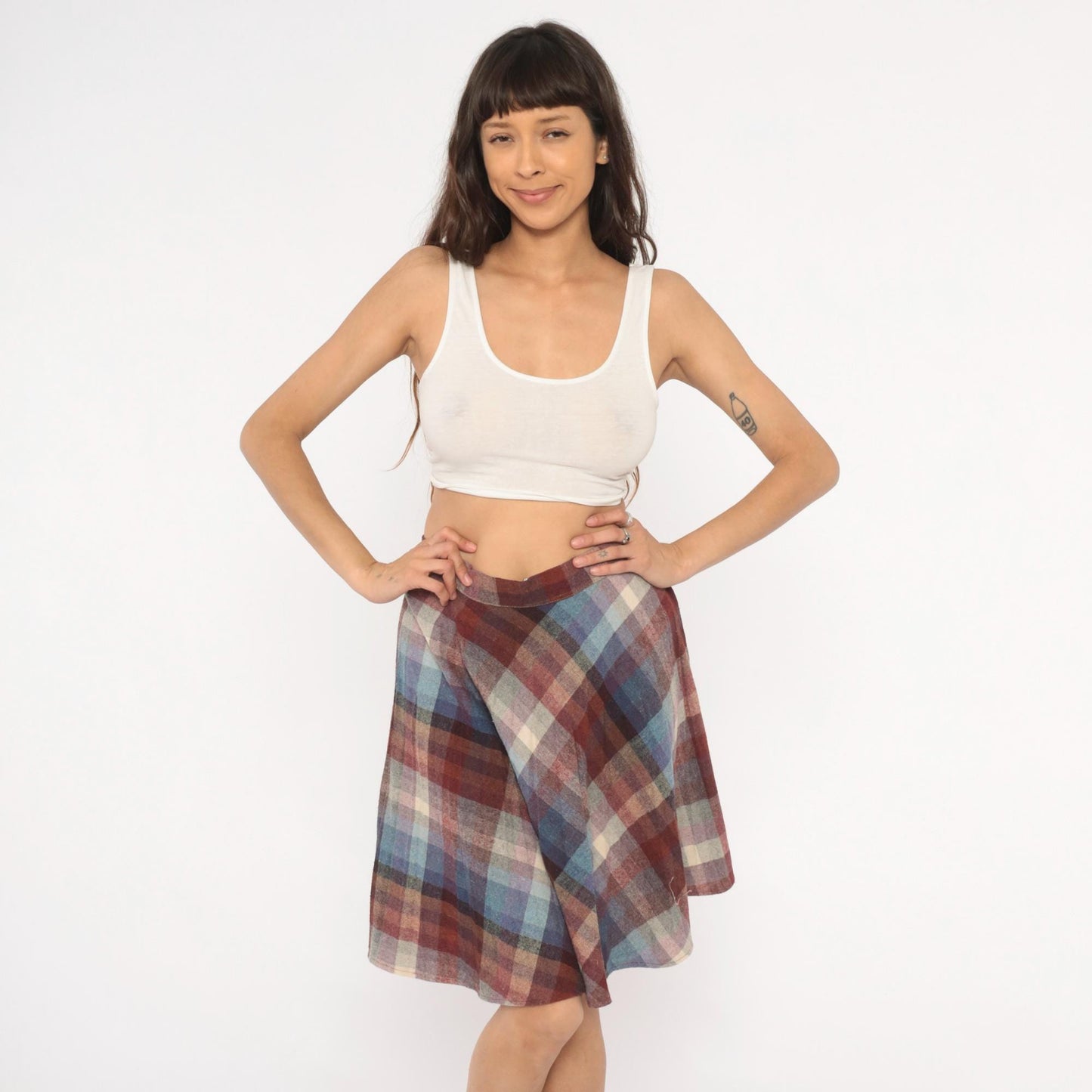 80s Plaid Wool Skirt Knee-Length A-Line Burgundy Purple Blue Checkered Medium M