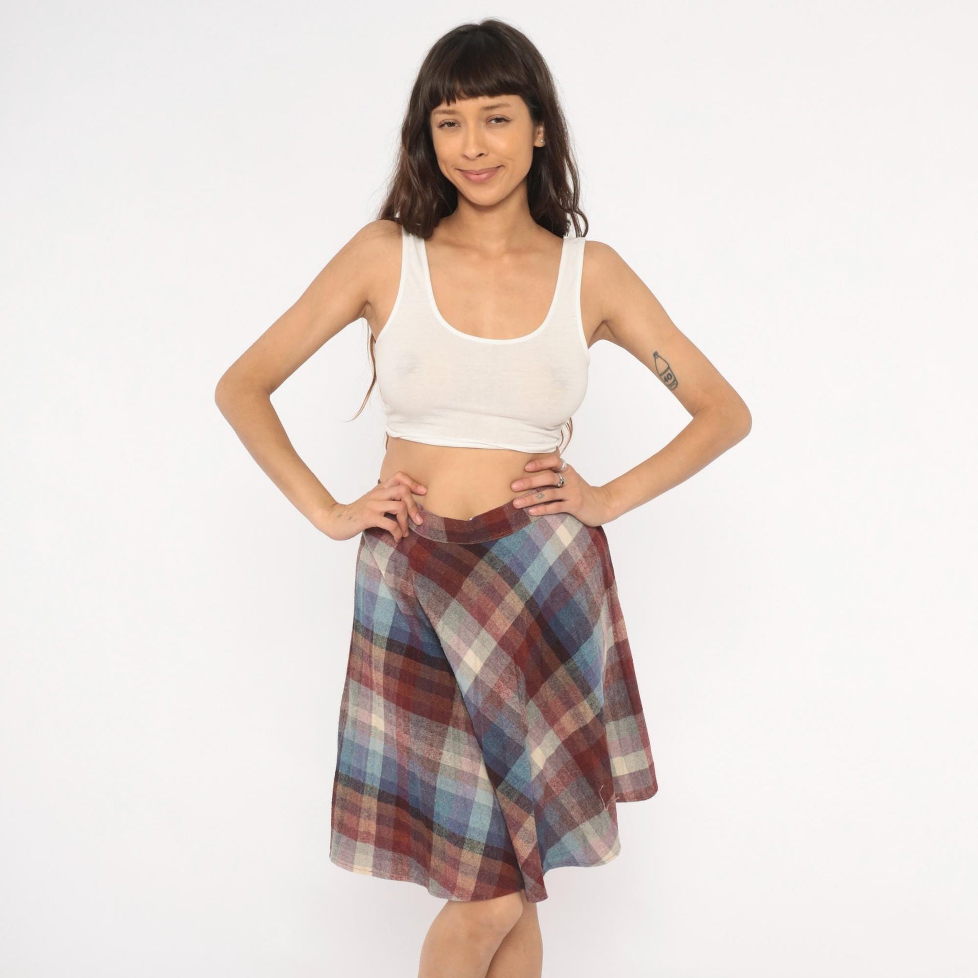 80s Plaid Wool Skirt Knee-Length A-Line Burgundy Purple Blue Checkered Medium M