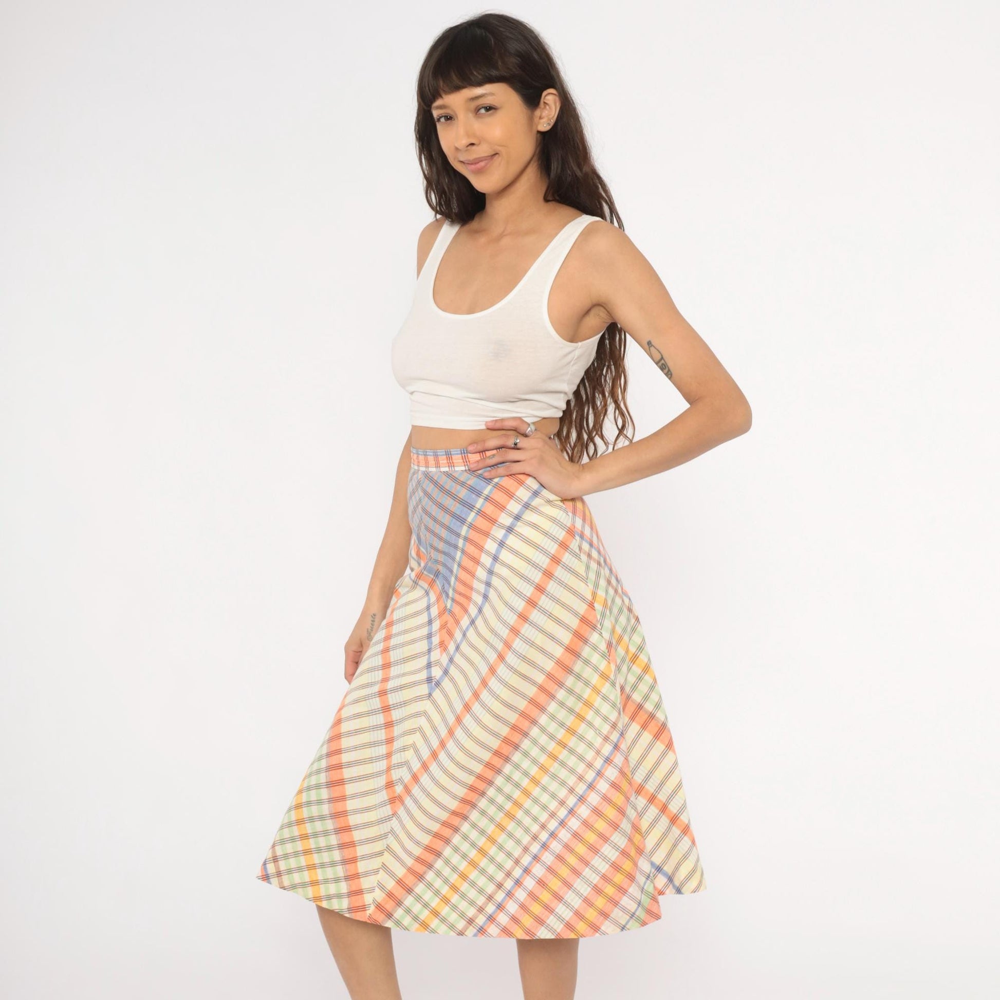 70s The Villager Chevron Plaid Skirt Multicolor Midi Small S