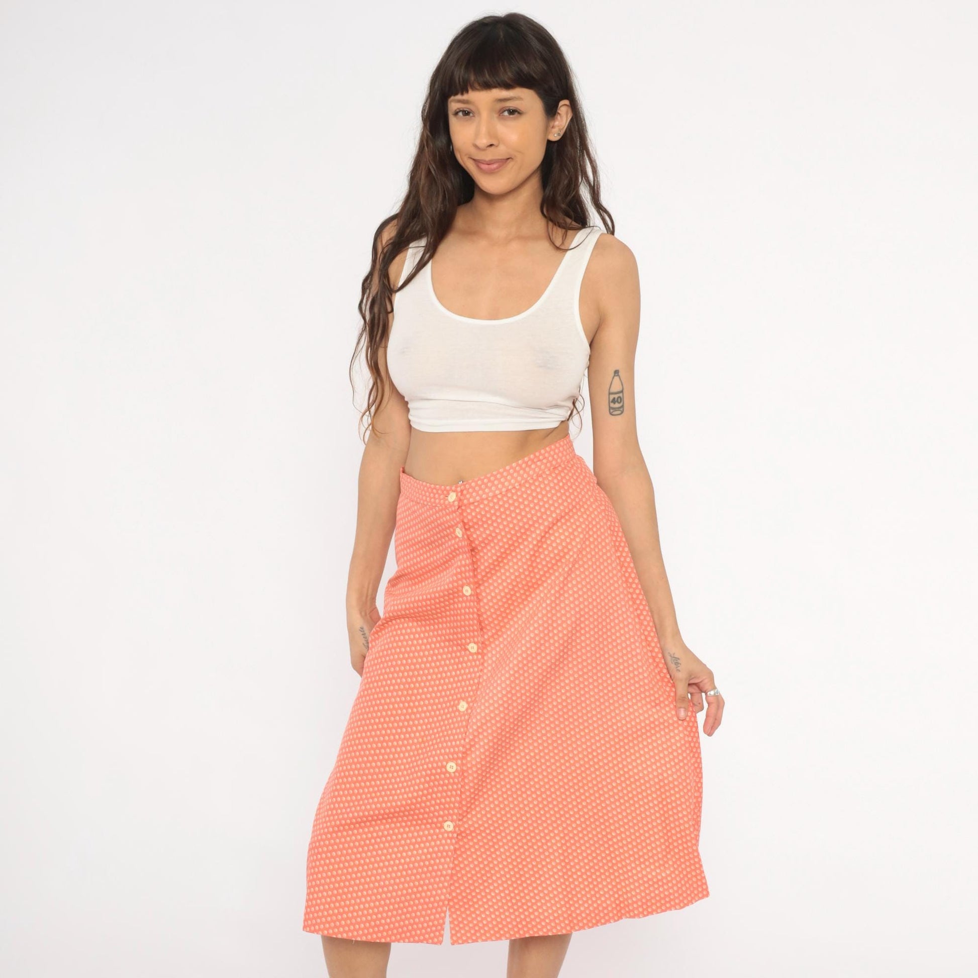 80s Coral Polka Dot A-Line Skirt Button Front High Waist Knee Length Small S