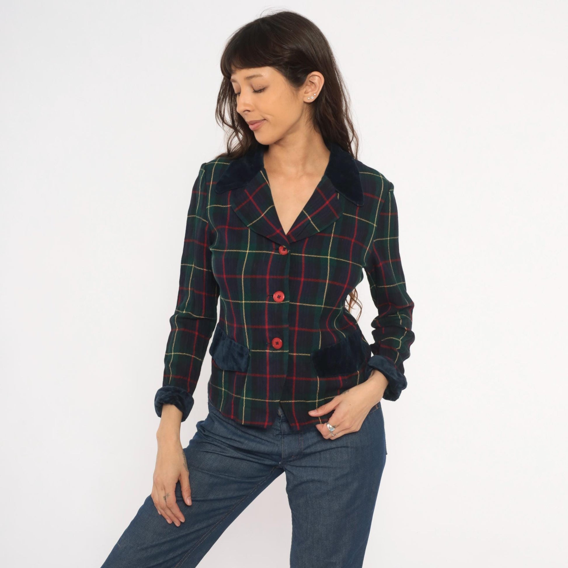 90s Dani Max Tartan Plaid Blazer Velvet Collar Navy Green Red Small S