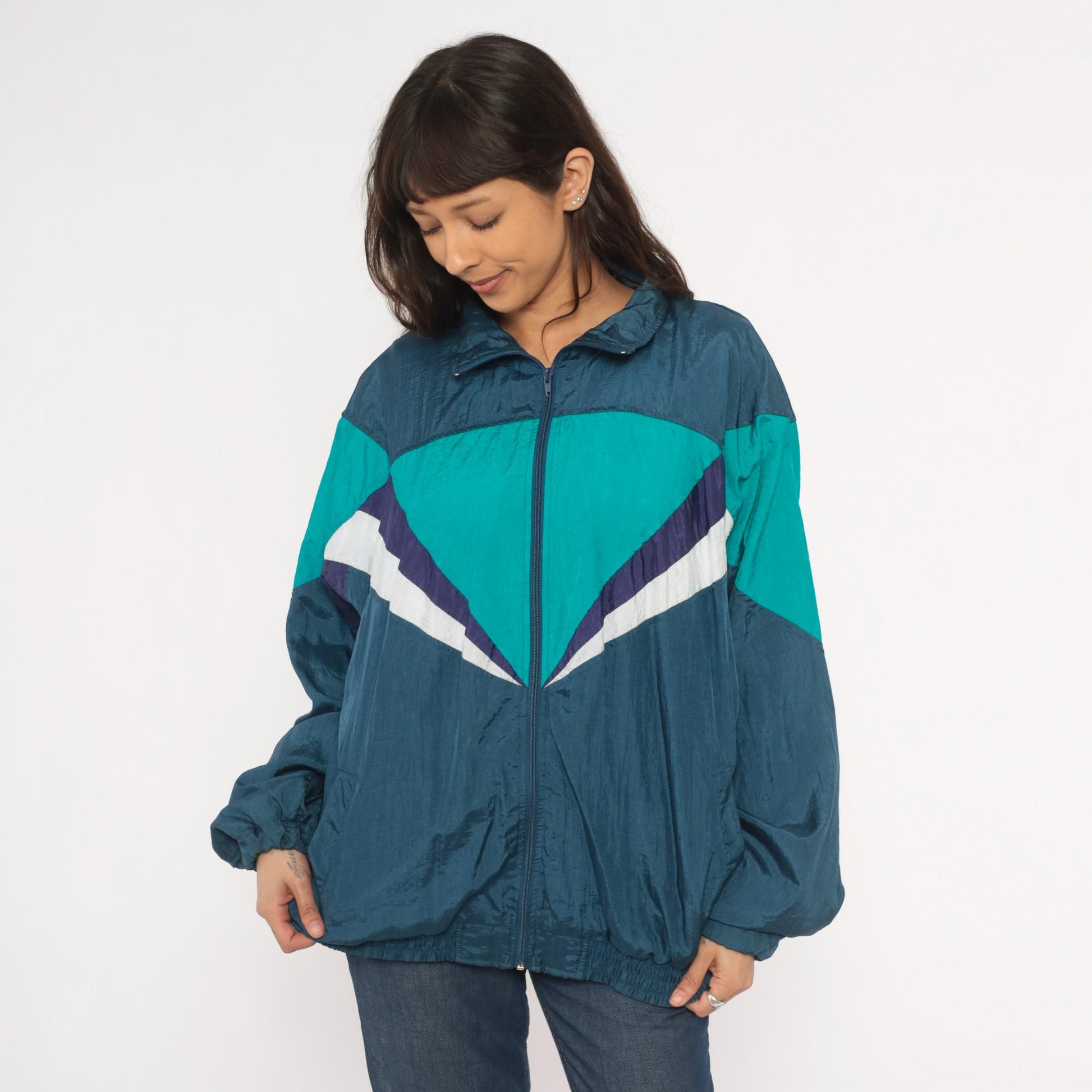 90s Champs Style Windbreaker Chevron Colorblock Teal Navy Purple XL