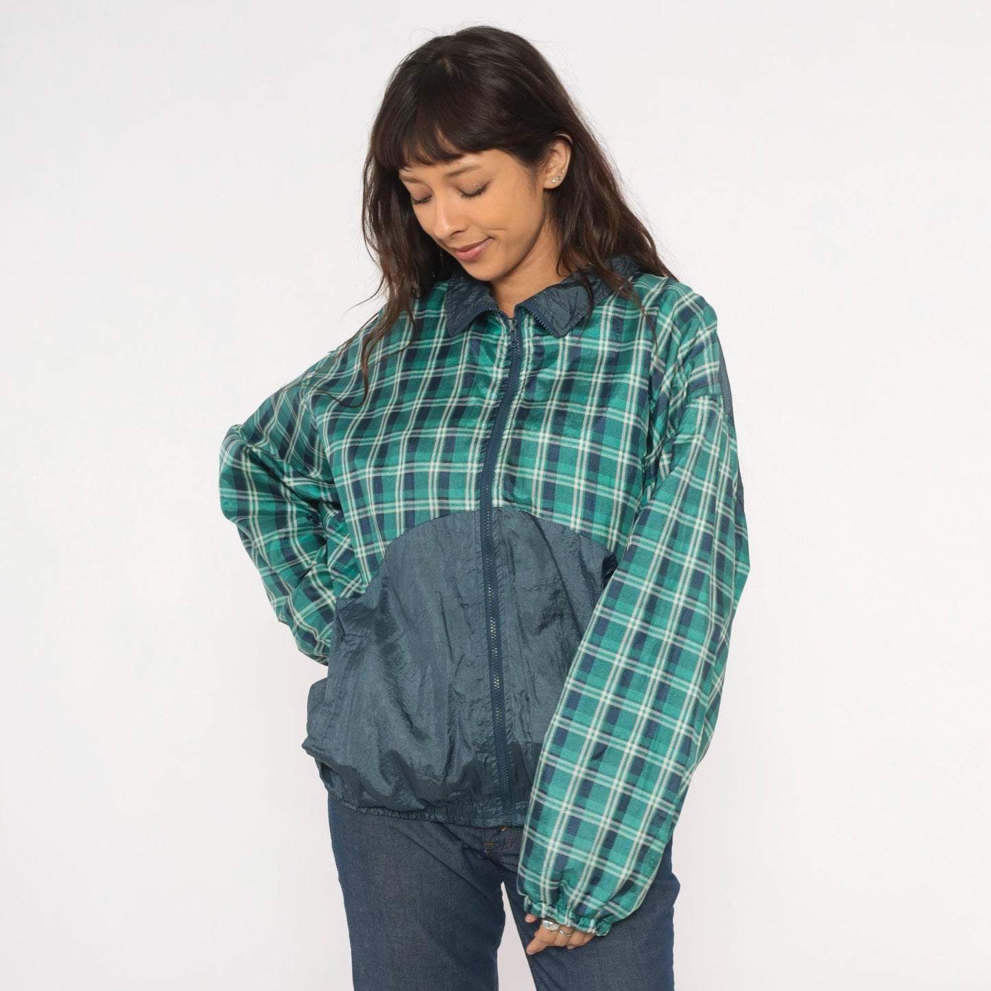 90s Honors Green Plaid Windbreaker Jacket Navy Colorblock Nylon Extra Large XL