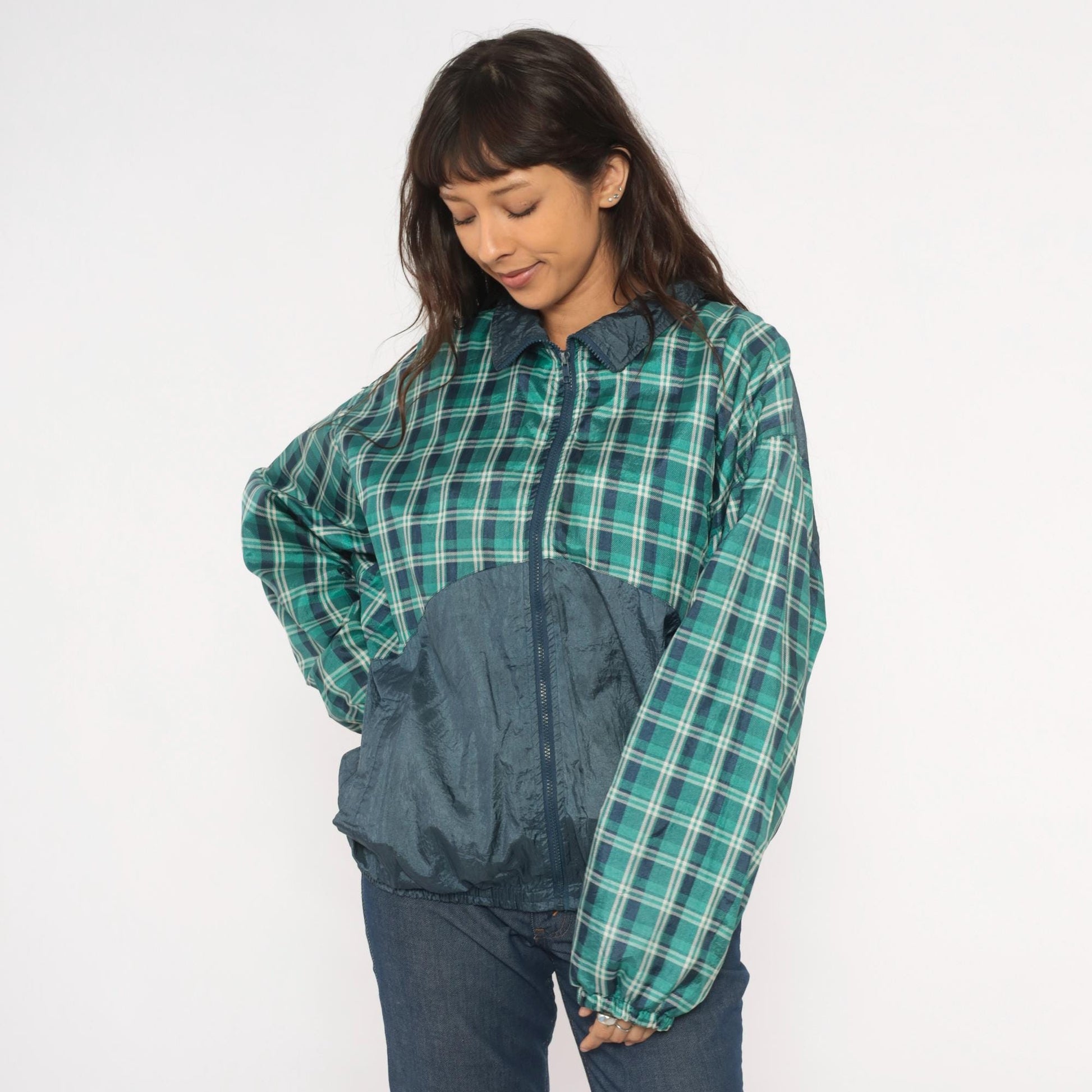 90s Honors Green Plaid Windbreaker Jacket Navy Colorblock Nylon Extra Large XL