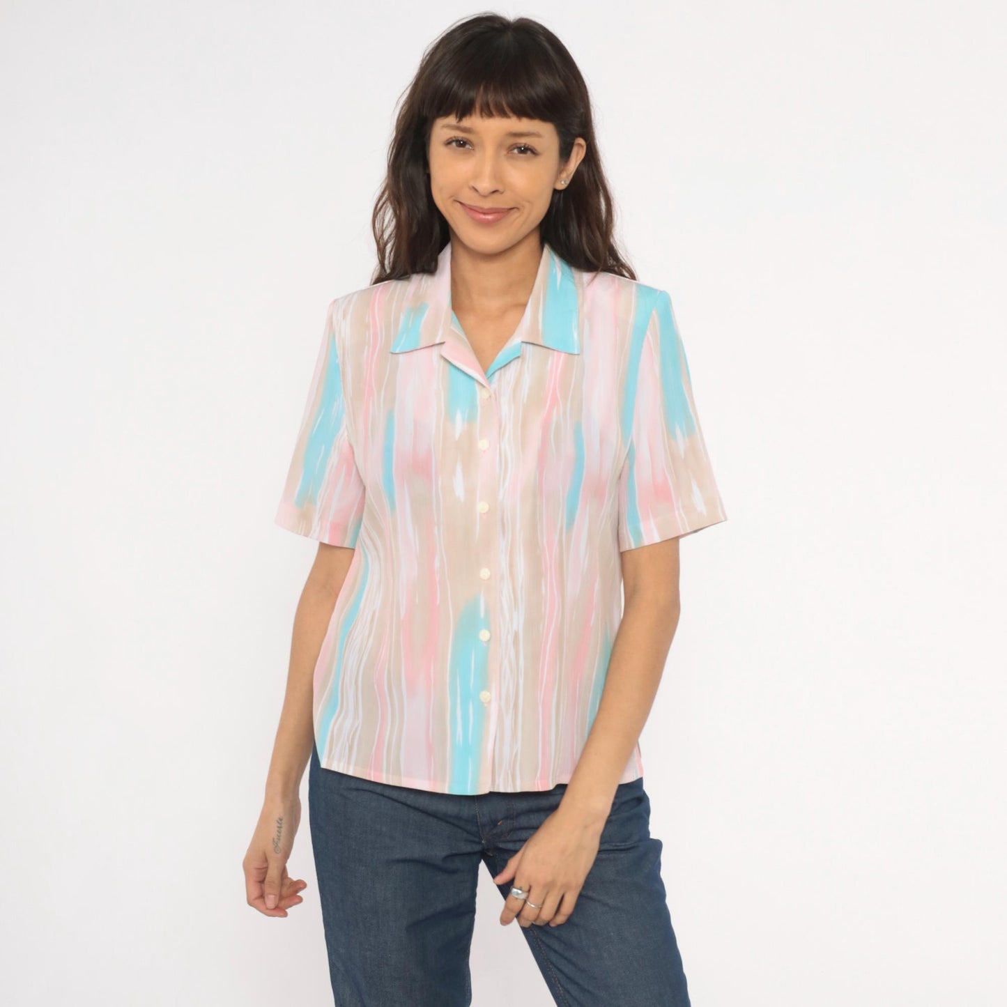 80s Allison Daley Pastel Striped Camp Collar Blouse Small Petite
