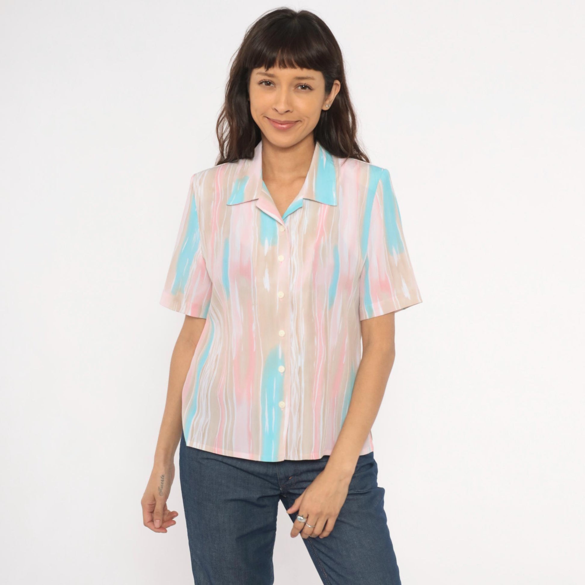80s Allison Daley Pastel Striped Camp Collar Blouse Small Petite