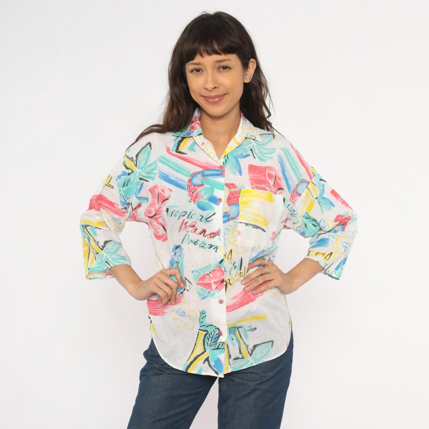 80s Touche LA Tropical Toucan Shirt White Pink Teal Bird Print Large L