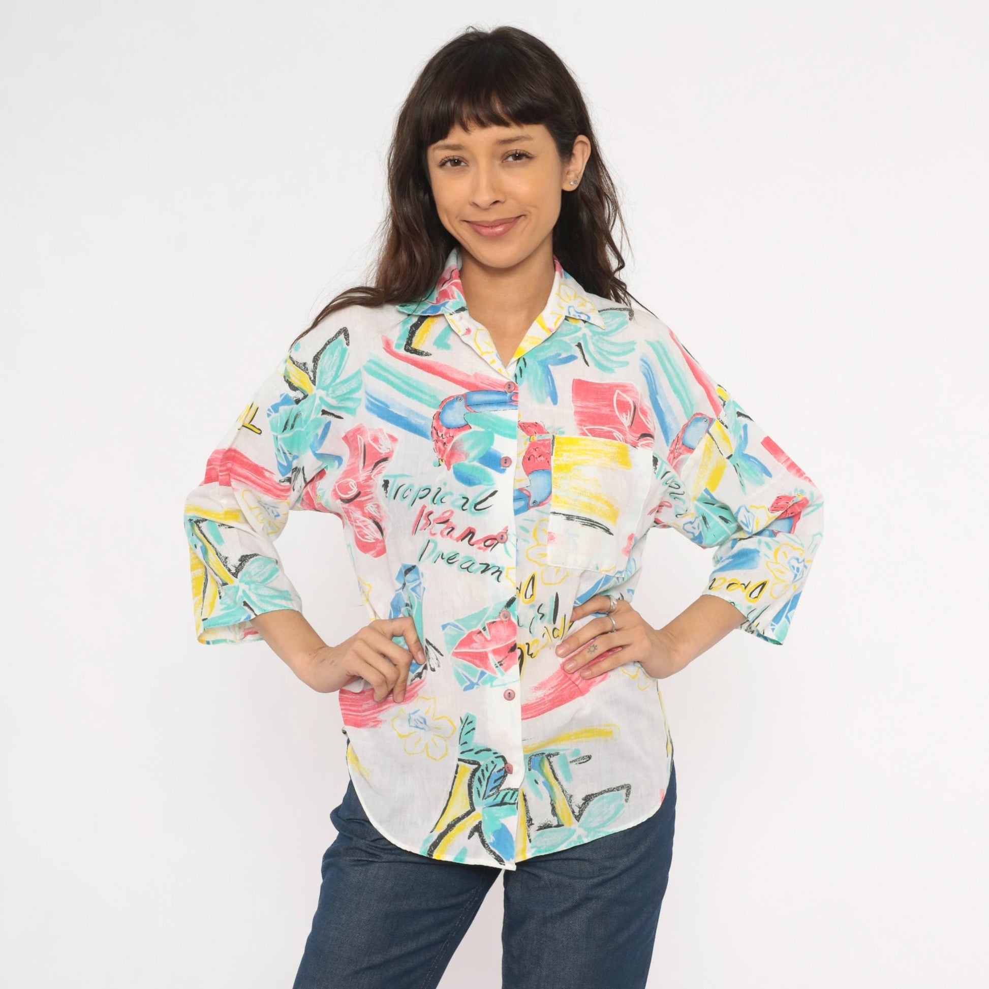 80s Touche LA Tropical Toucan Shirt White Pink Teal Bird Print Large L