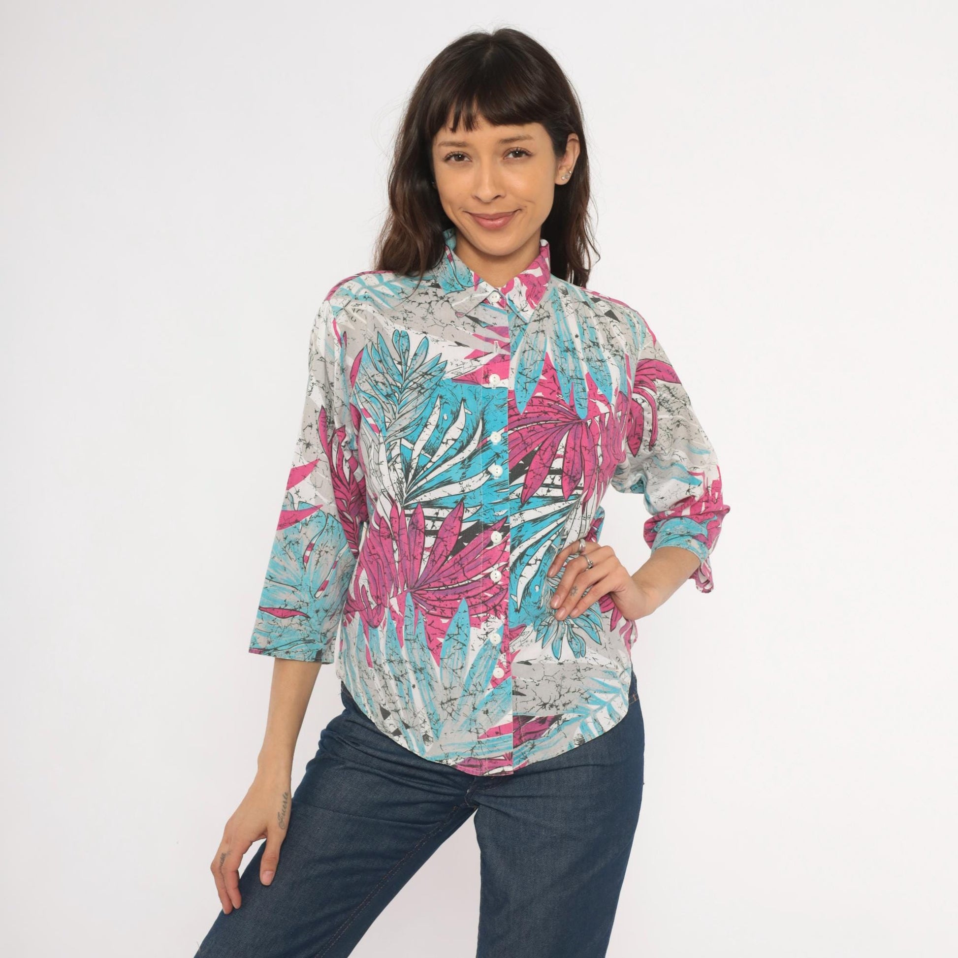90s Tropical Batik Button Blouse Pink Teal Palm Leaf Three Quarter Sleeve Medium M