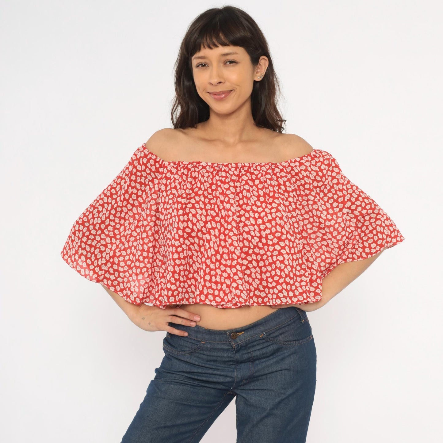 90s Red Floral Off-Shoulder Crop Top Flutter Sleeve White Leaf Print Small