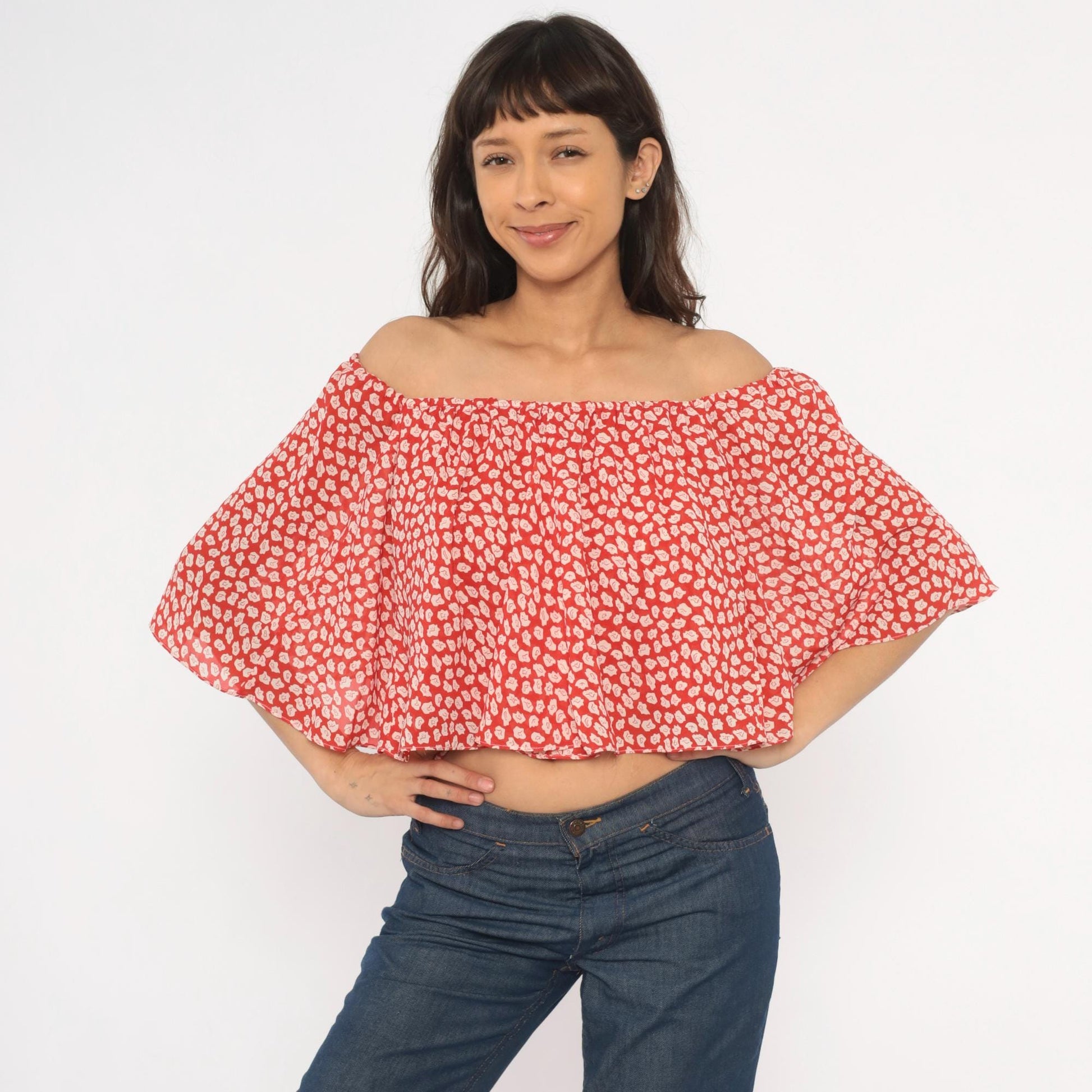 90s Red Floral Off-Shoulder Crop Top Flutter Sleeve White Leaf Print Small