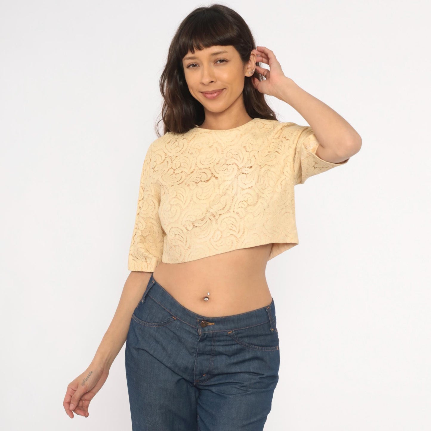 70s Carol Craig Cream Lace Crop Top Swirl Pattern Half Sleeve Medium M