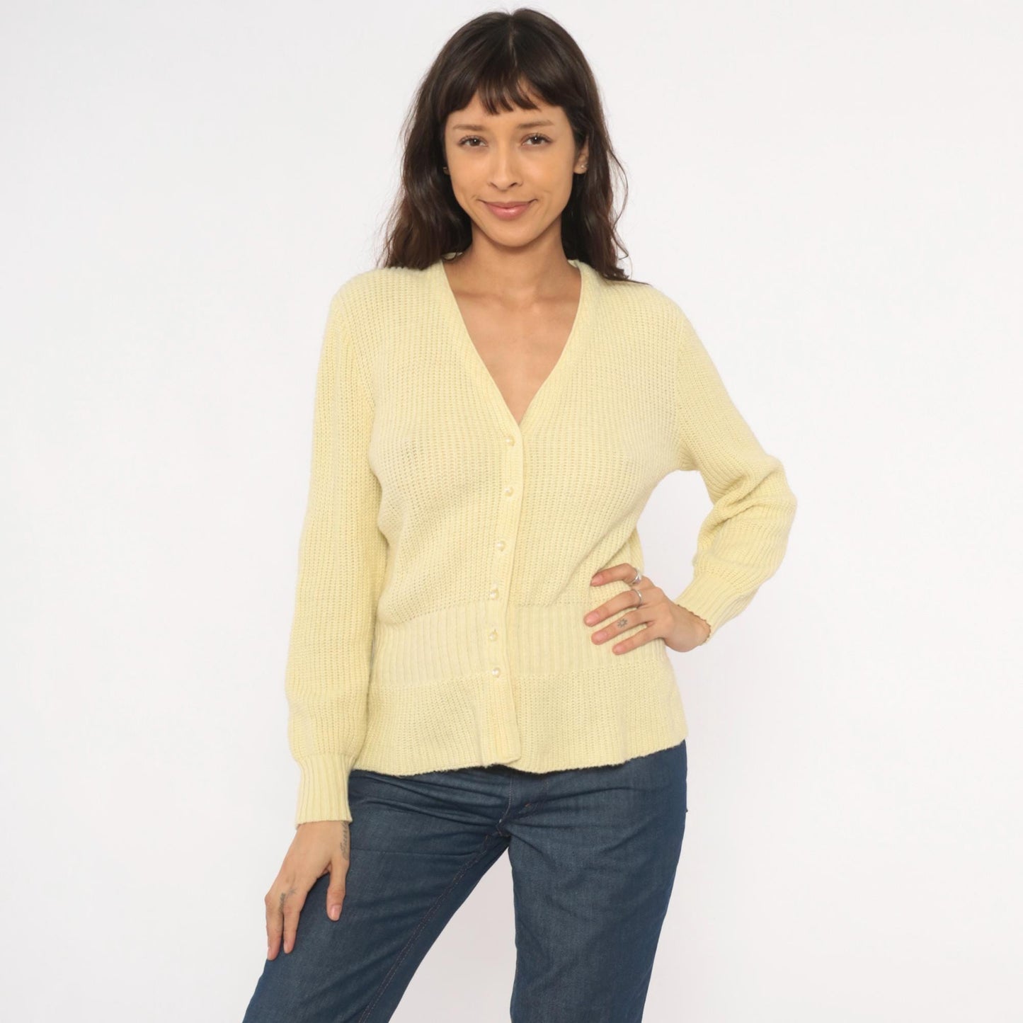 70s Avon Fashions Cardigan Sweater V Neck Cream Ribbed Knit Medium M