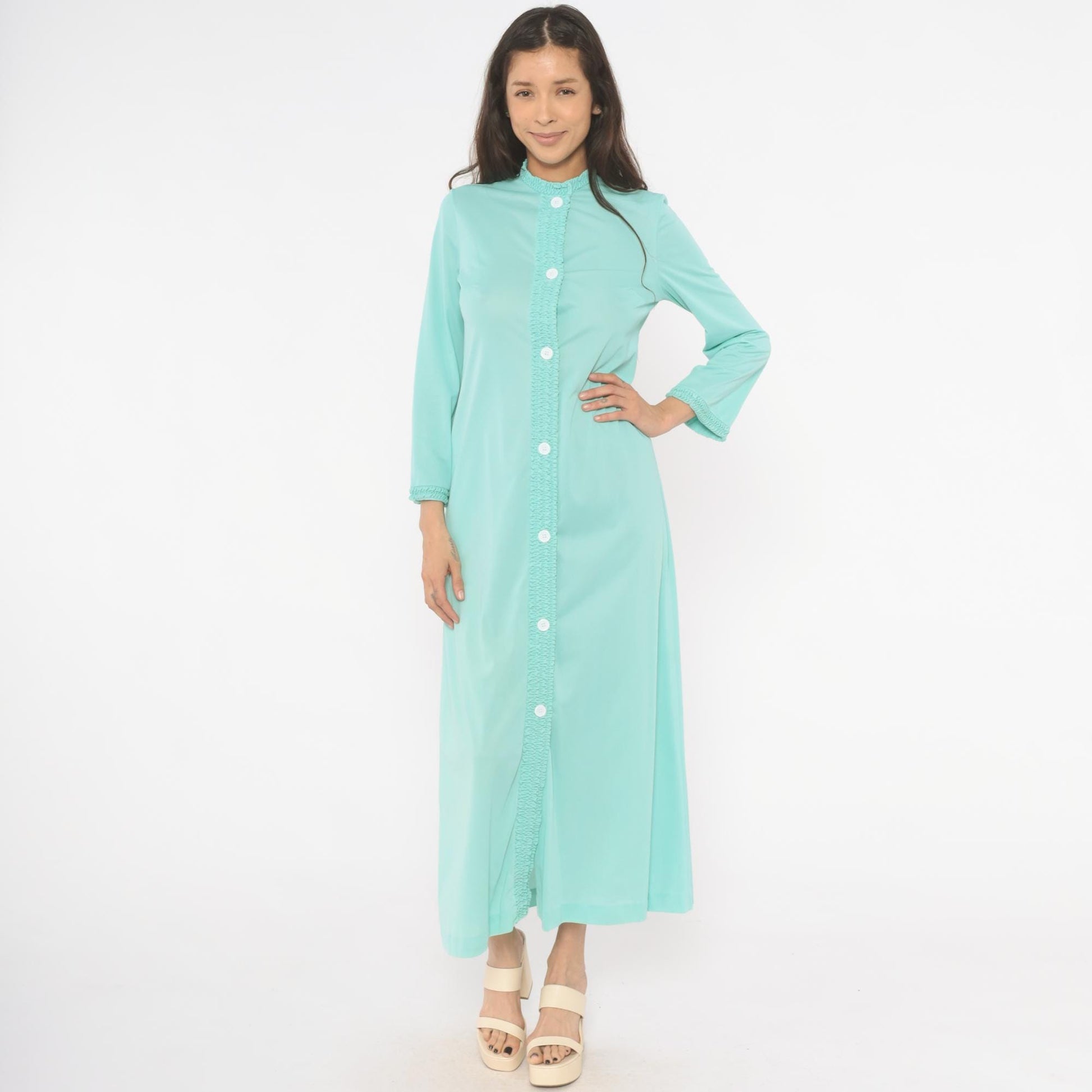 70s Loungewear by Gossard Mint Maxi Housecoat Smocked Ruffle Small
