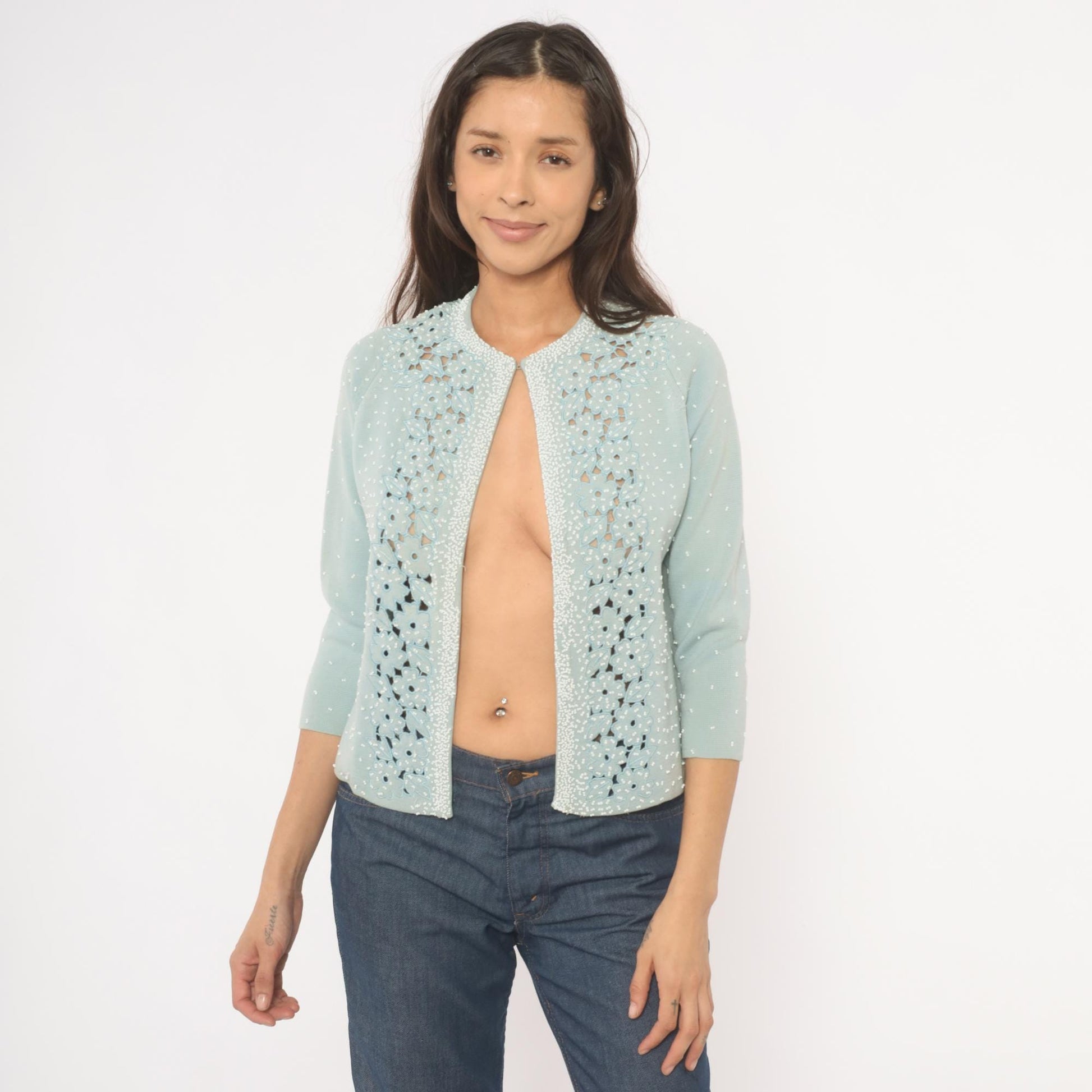 80s Miss Boutique Baby Blue Beaded Cardigan Cutwork Floral Knit Small