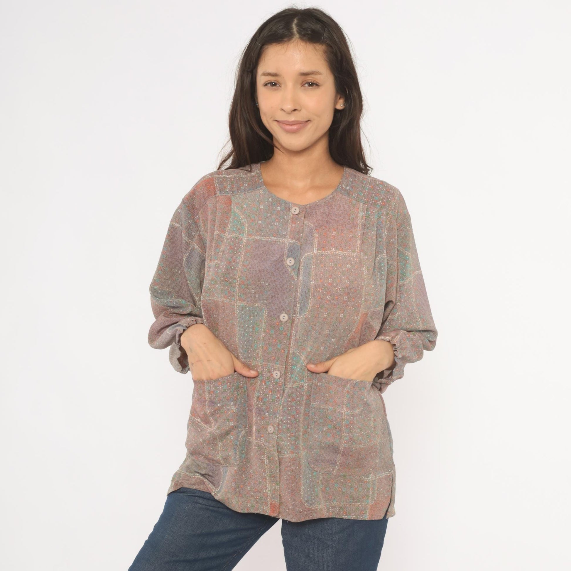 90s Patchwork Print Button-Front Blouse Grey Purple Geometric Large L