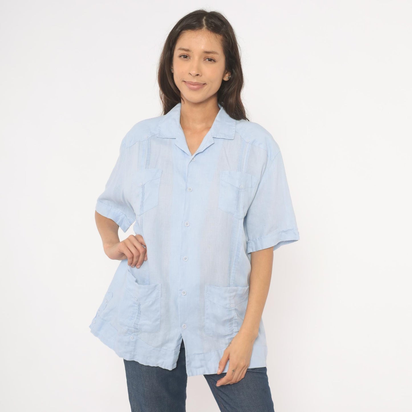 90s Cubavera Powder Blue Linen Camp Collar Shirt Medium M