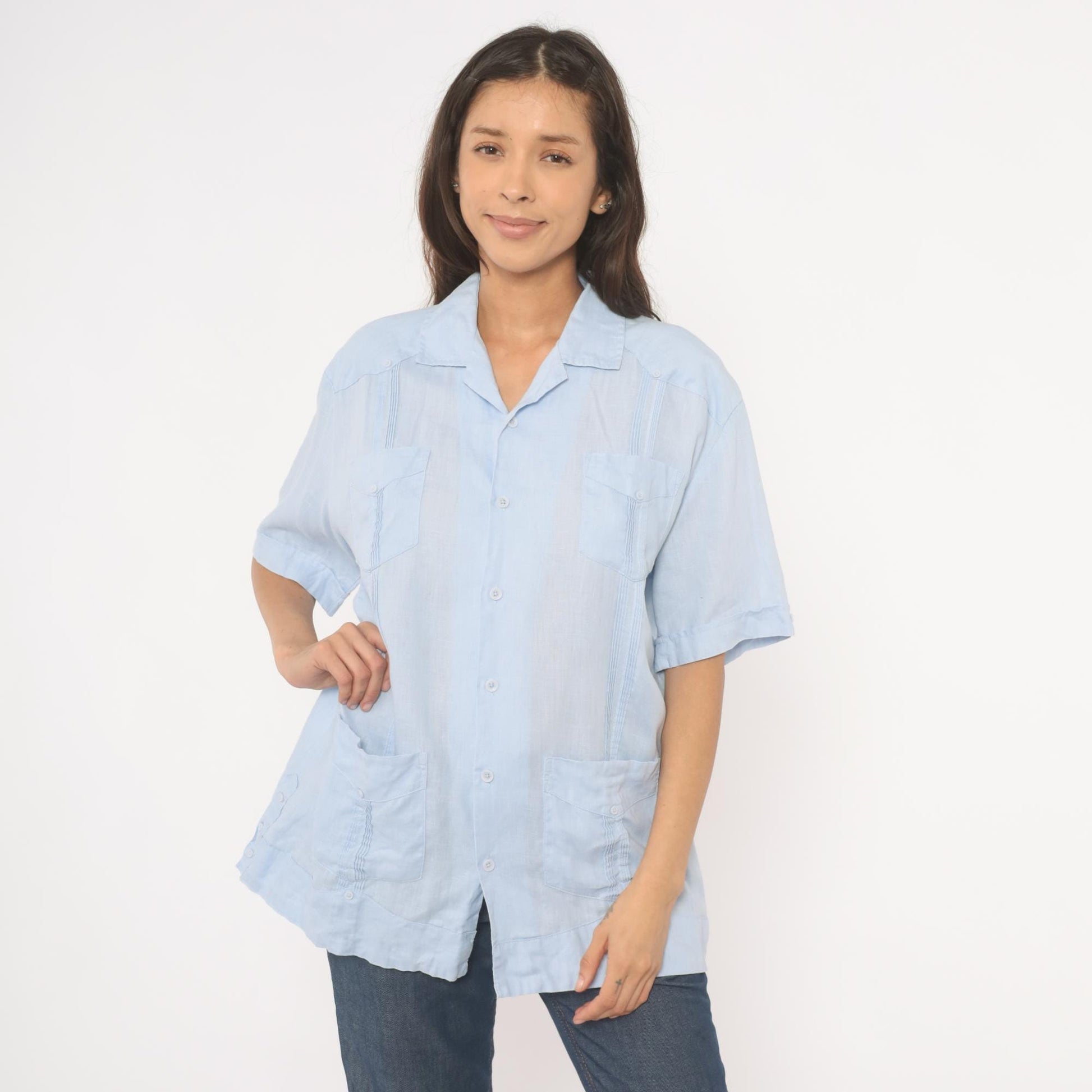 90s Cubavera Powder Blue Linen Camp Collar Shirt Medium M