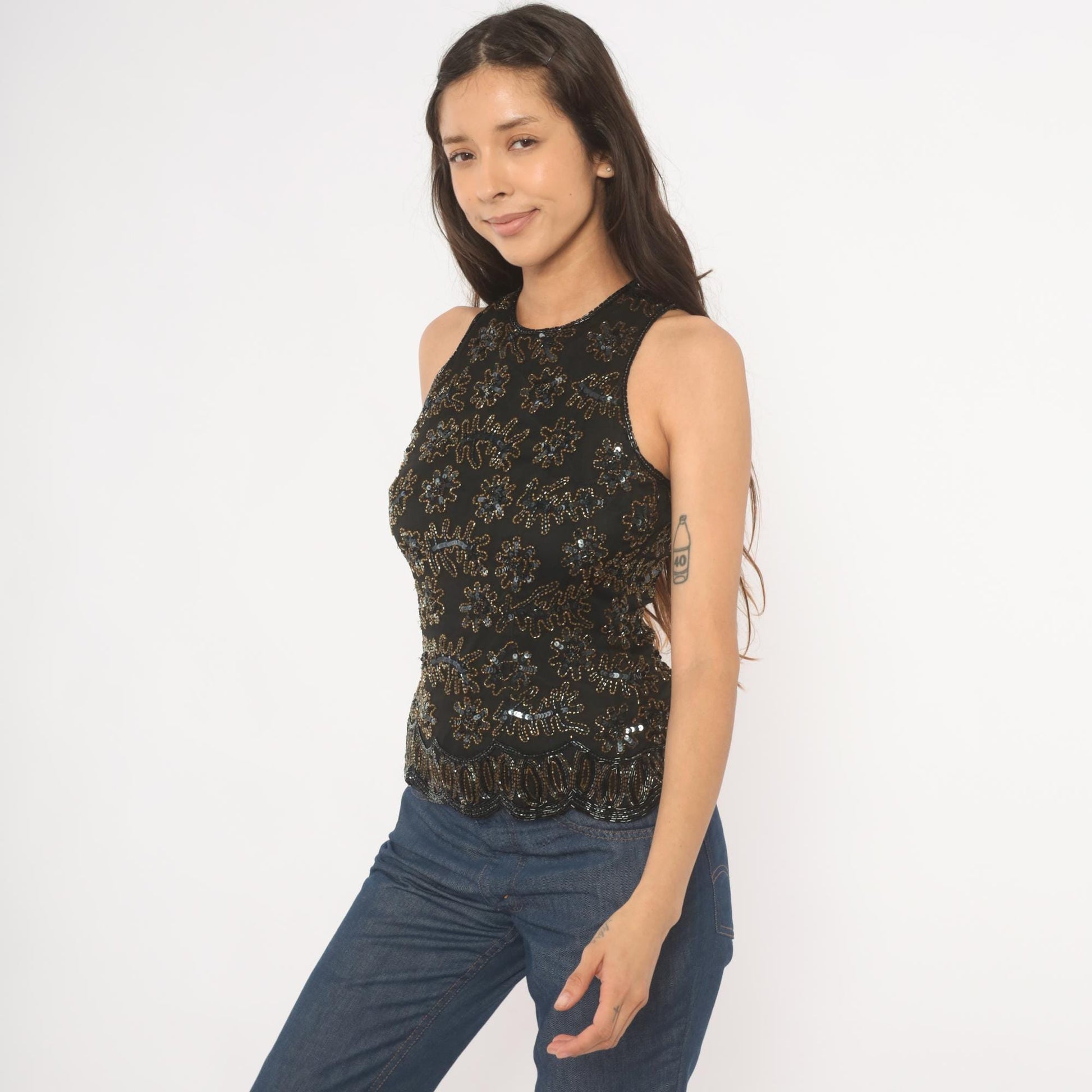 90s Stenay Black Silk Beaded Sequin Tank Top Floral Gold Bronze Small S