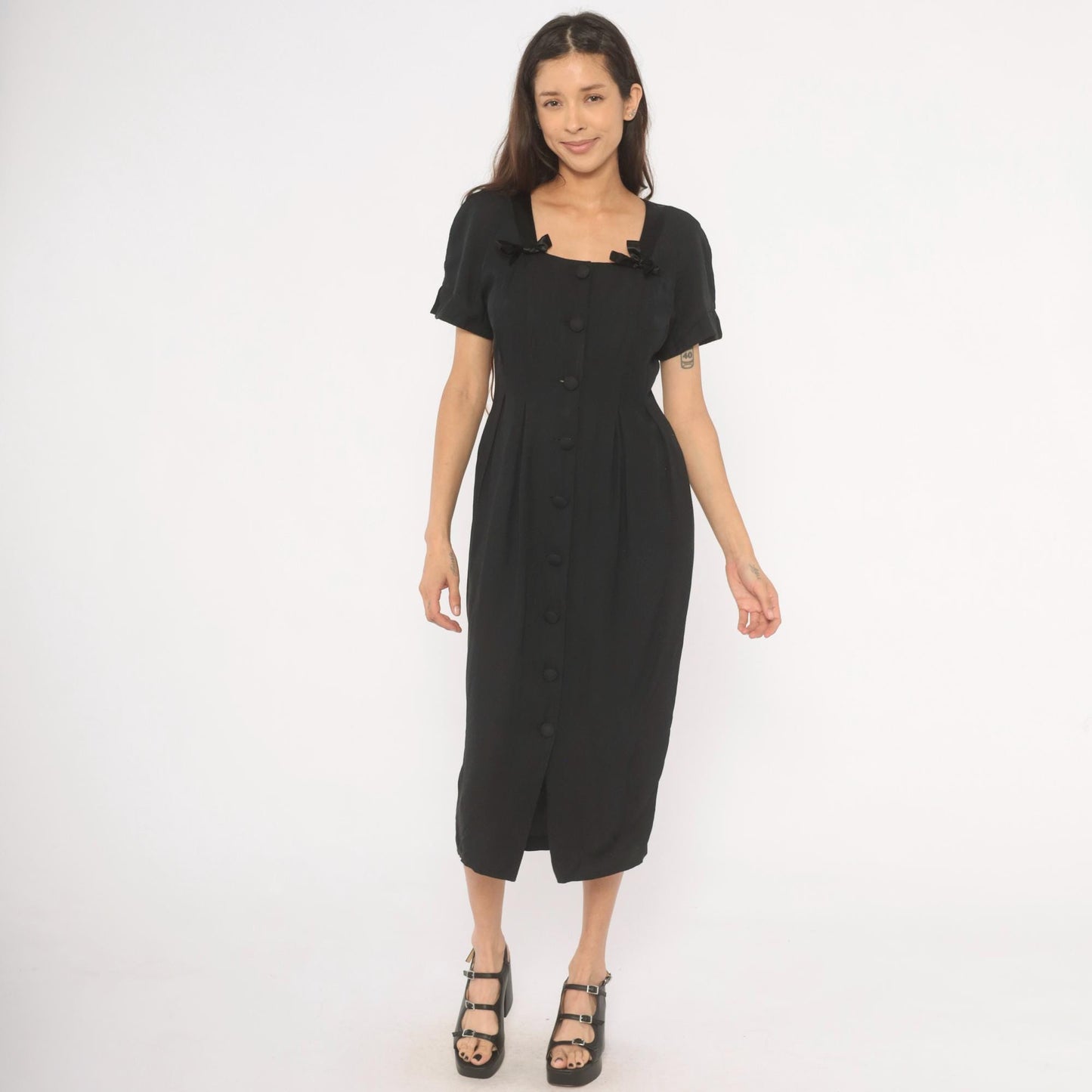 90s Atina by Karon Crosby Black Midi Dress Square Neck Bow Detail Medium