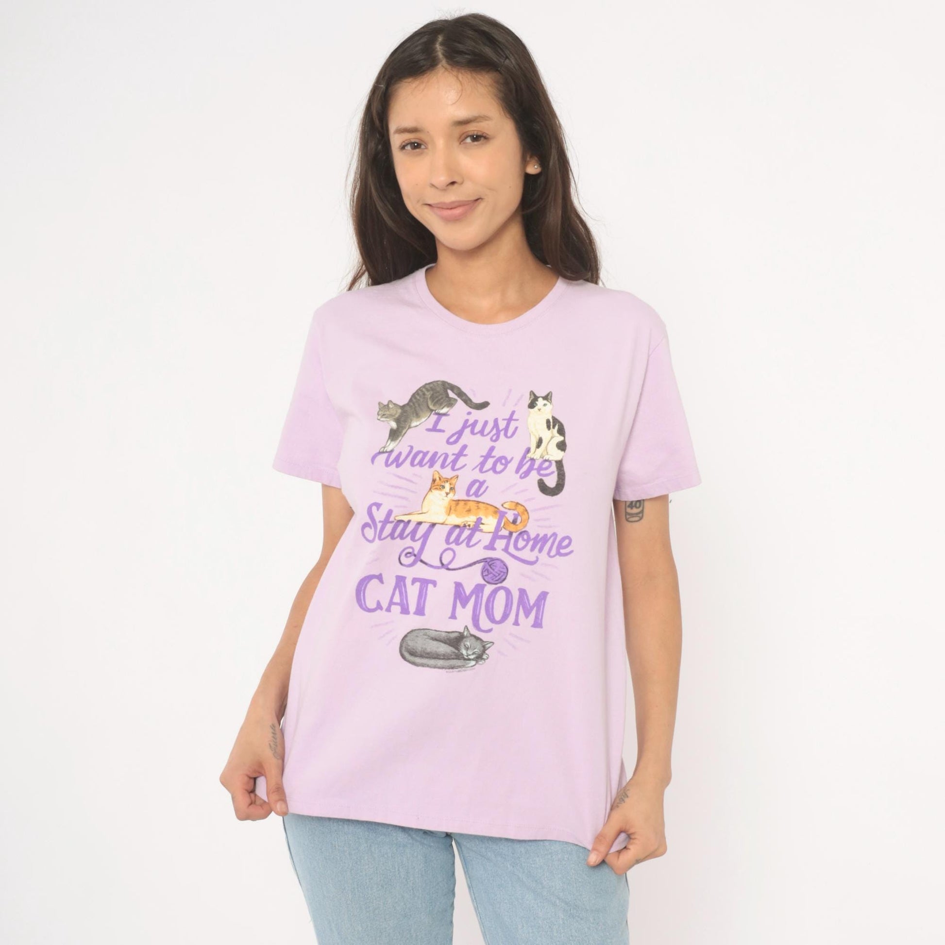 00s Port & Company Stay At Home Cat Mom Graphic Tee Lavender Large L