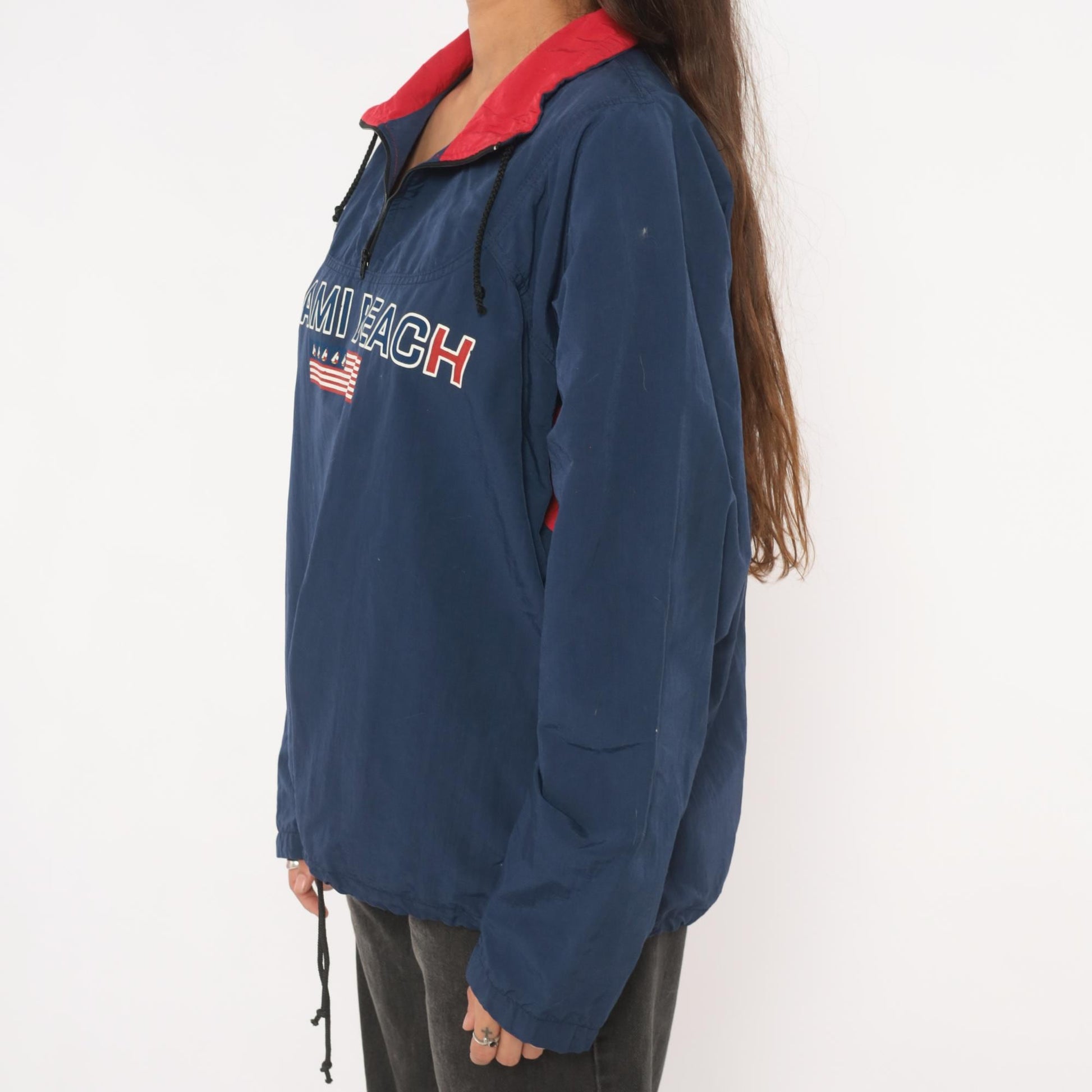 90s Uzzi Miami Beach Windbreaker Navy Half-Zip Nylon Jacket Red Collar Small