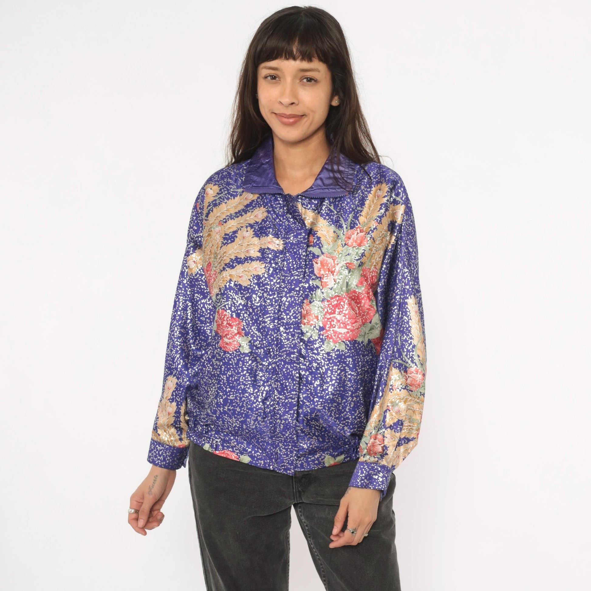 90s GDT Too Floral Metallic Bomber Jacket Purple Gold Reversible Satin Small Medium