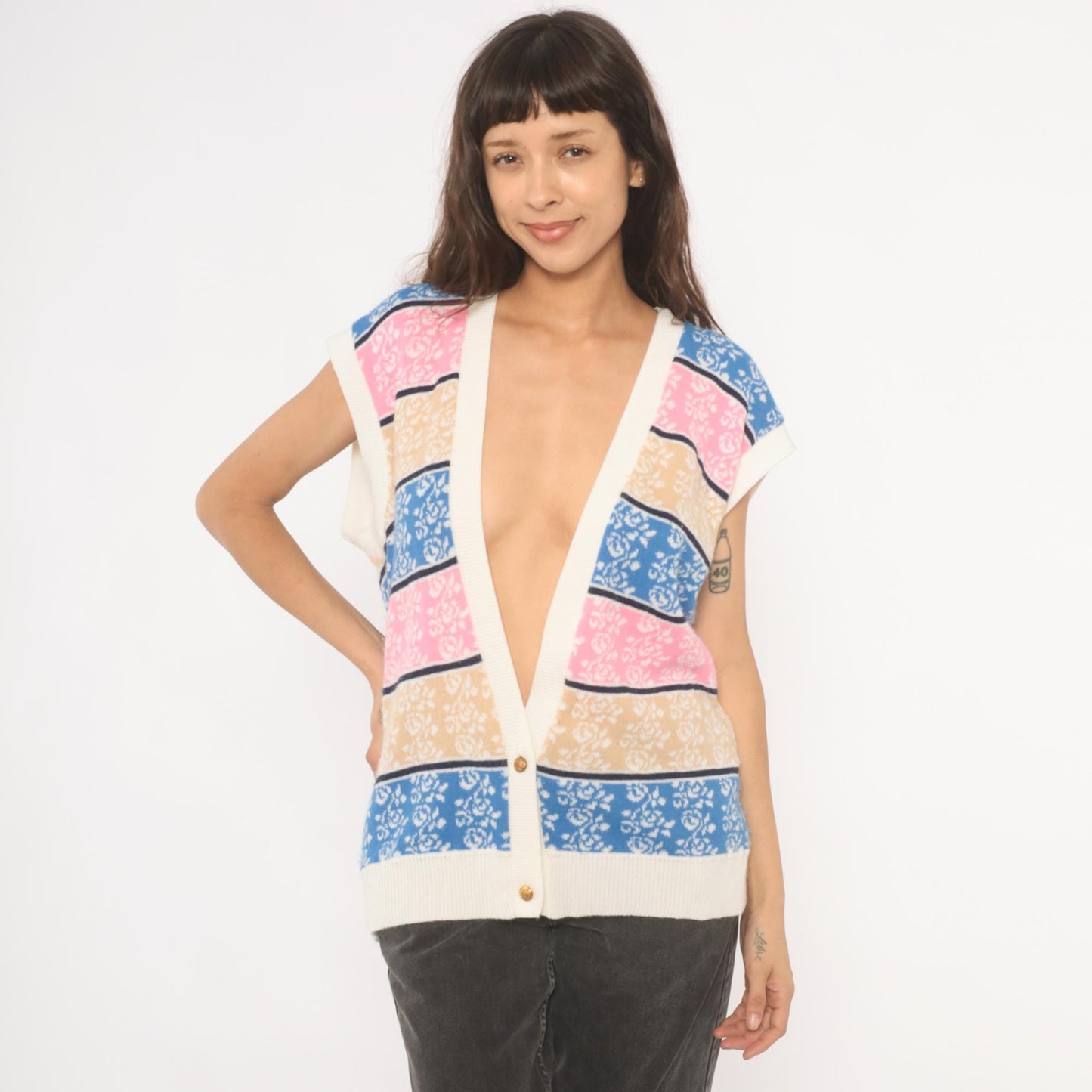 80s Floral Striped Sweater Vest V-Neck Knit Rose Print Blue Pink Cream Large