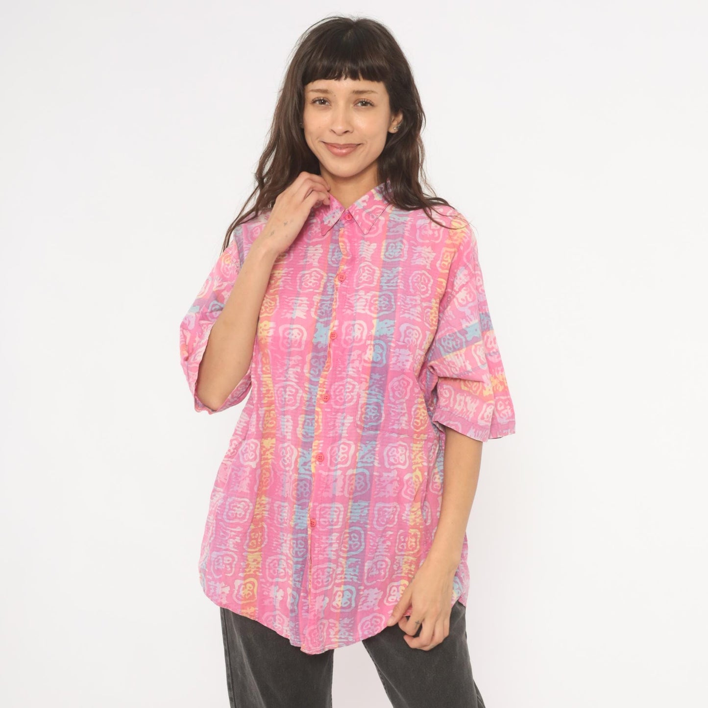 90s Body Objects Batik Print Button-Up Shirt Pink Multicolor Abstract Large L