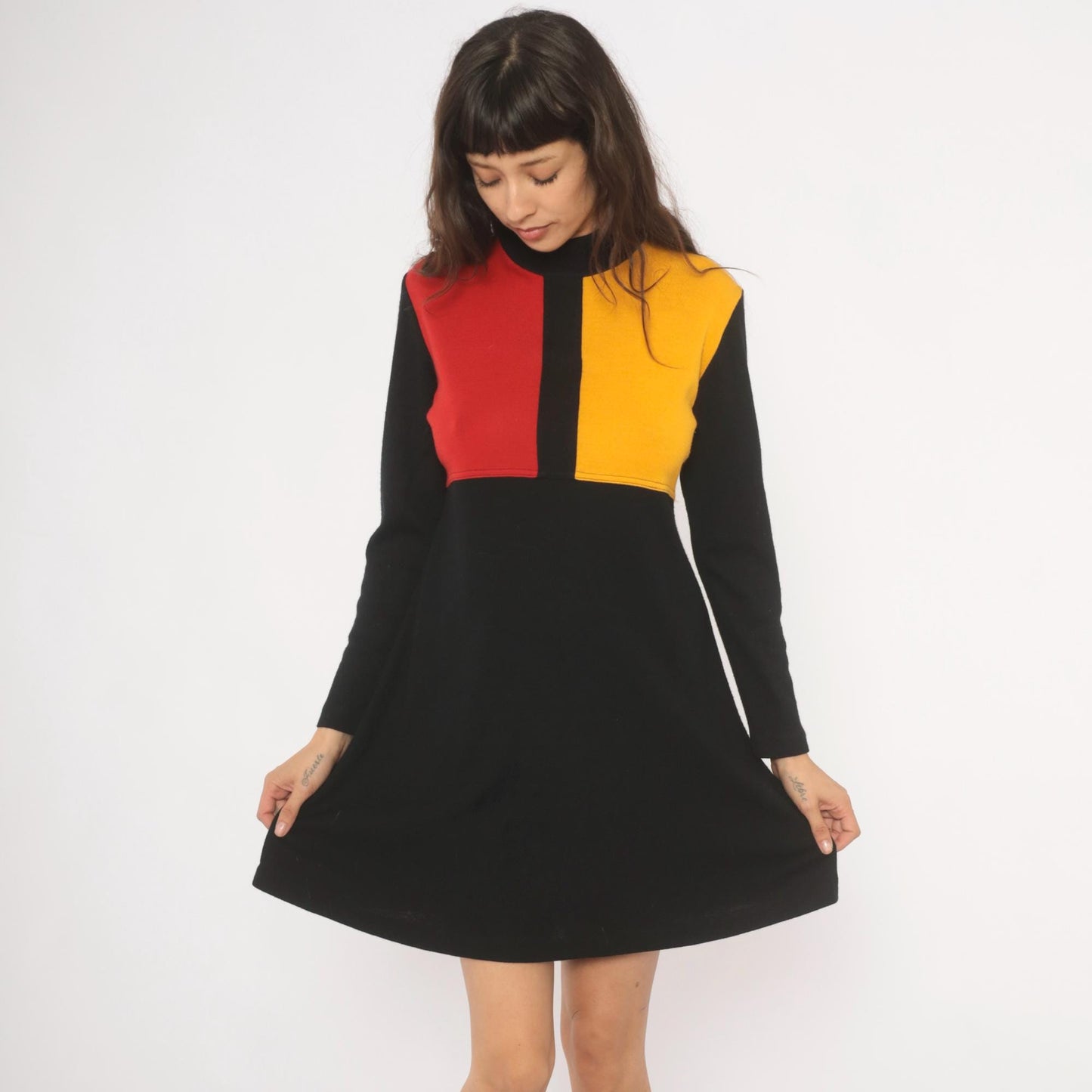 80s Karin Stevens Color Block Mini Dress Red Mustard Mock Neck Medium