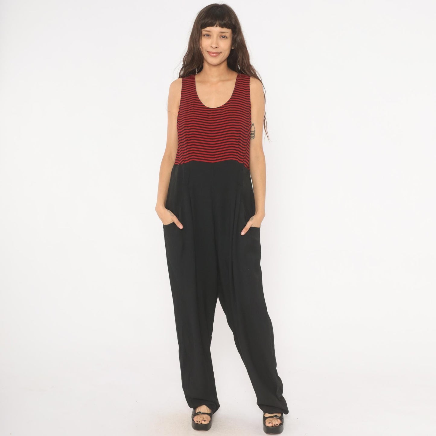 90s Red Black Striped Sleeveless Jumpsuit Wide Leg Maxi Tank Large L
