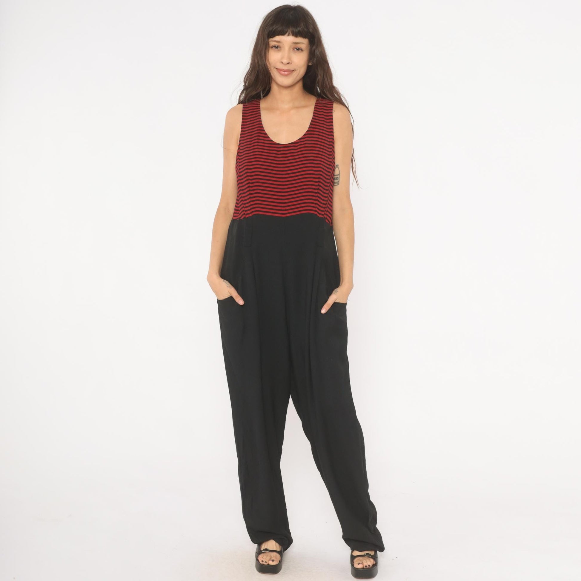 90s Red Black Striped Sleeveless Jumpsuit Wide Leg Maxi Tank Large L