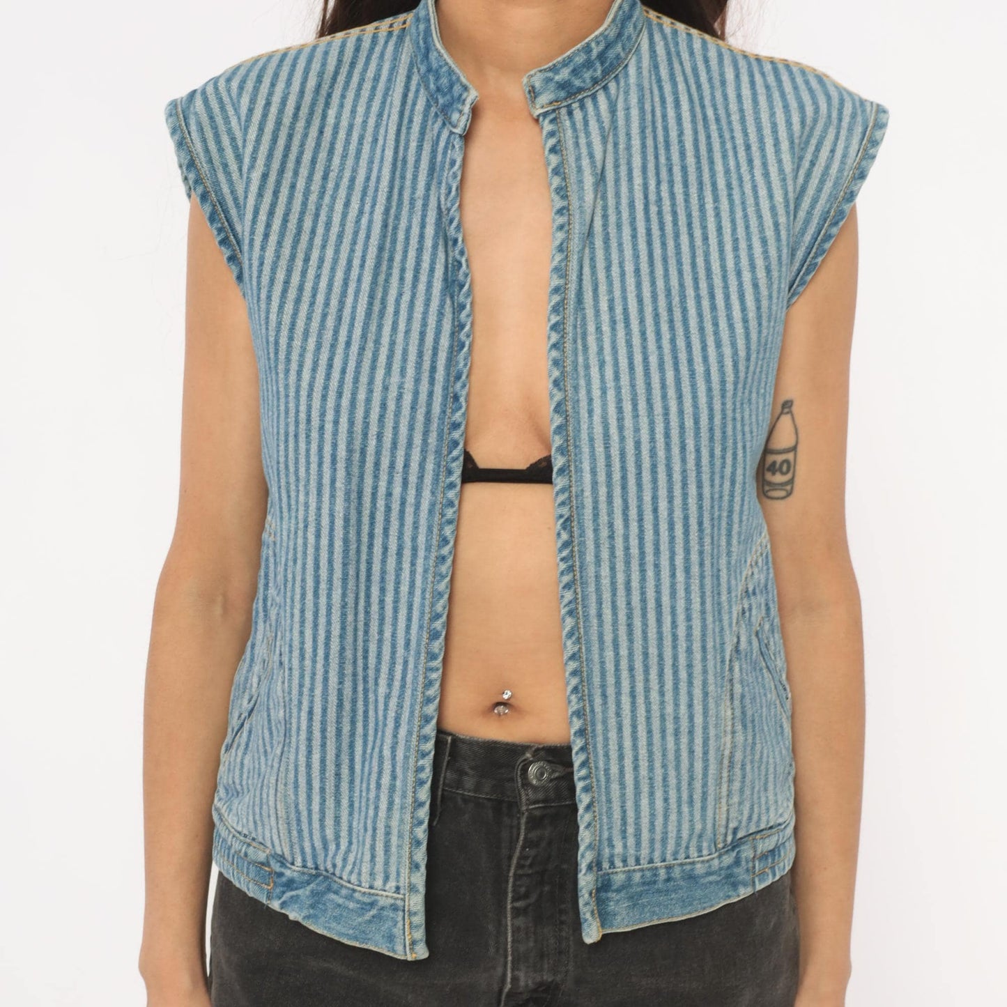 90s Jordache Reversible Denim Vest Pinstripe Blue White Mandarin Collar Small S