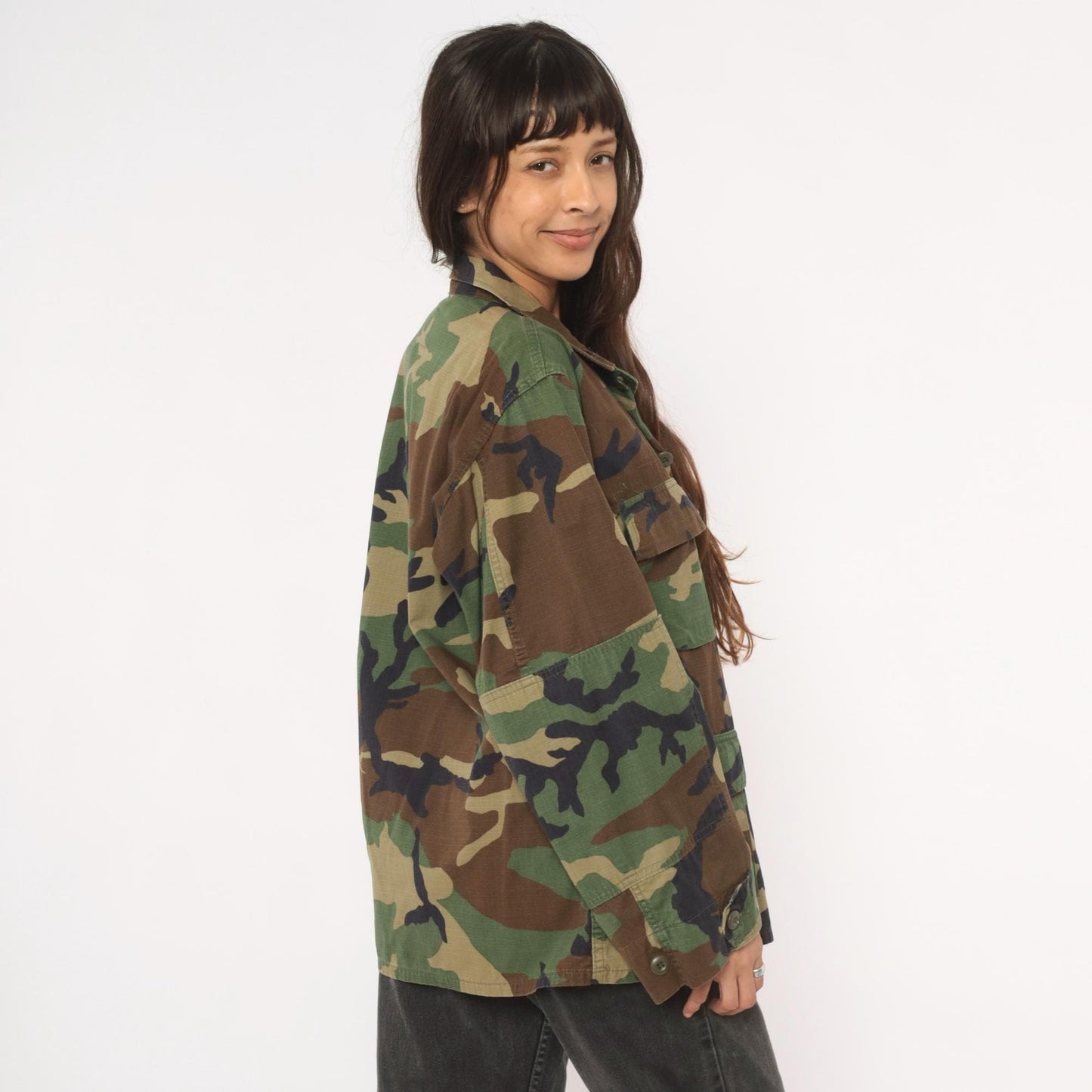 90s U.S. Army BDU Woodland Camouflage Button-Front Shirt Medium M