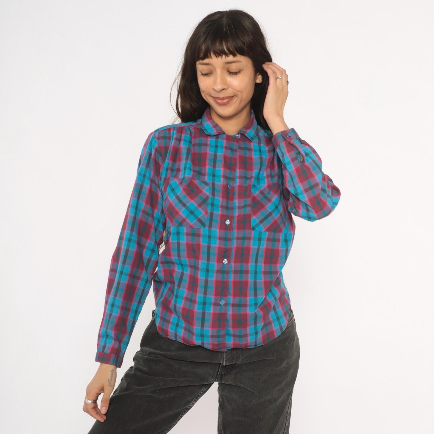 80s Quality Fashion Plaid Button-Up Blouse Teal Magenta Check Pointed Collar Large L