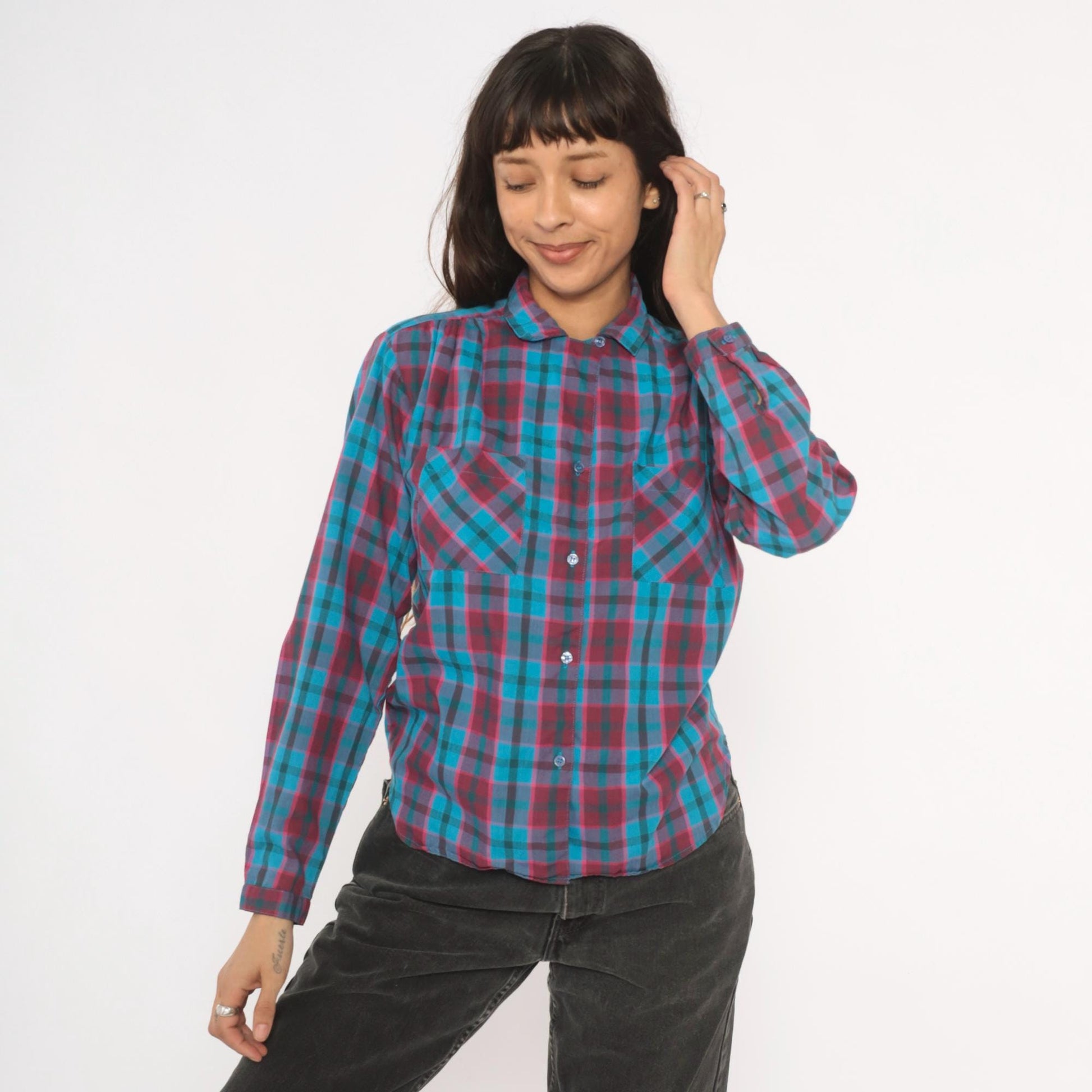 80s Quality Fashion Plaid Button-Up Blouse Teal Magenta Check Pointed Collar Large L