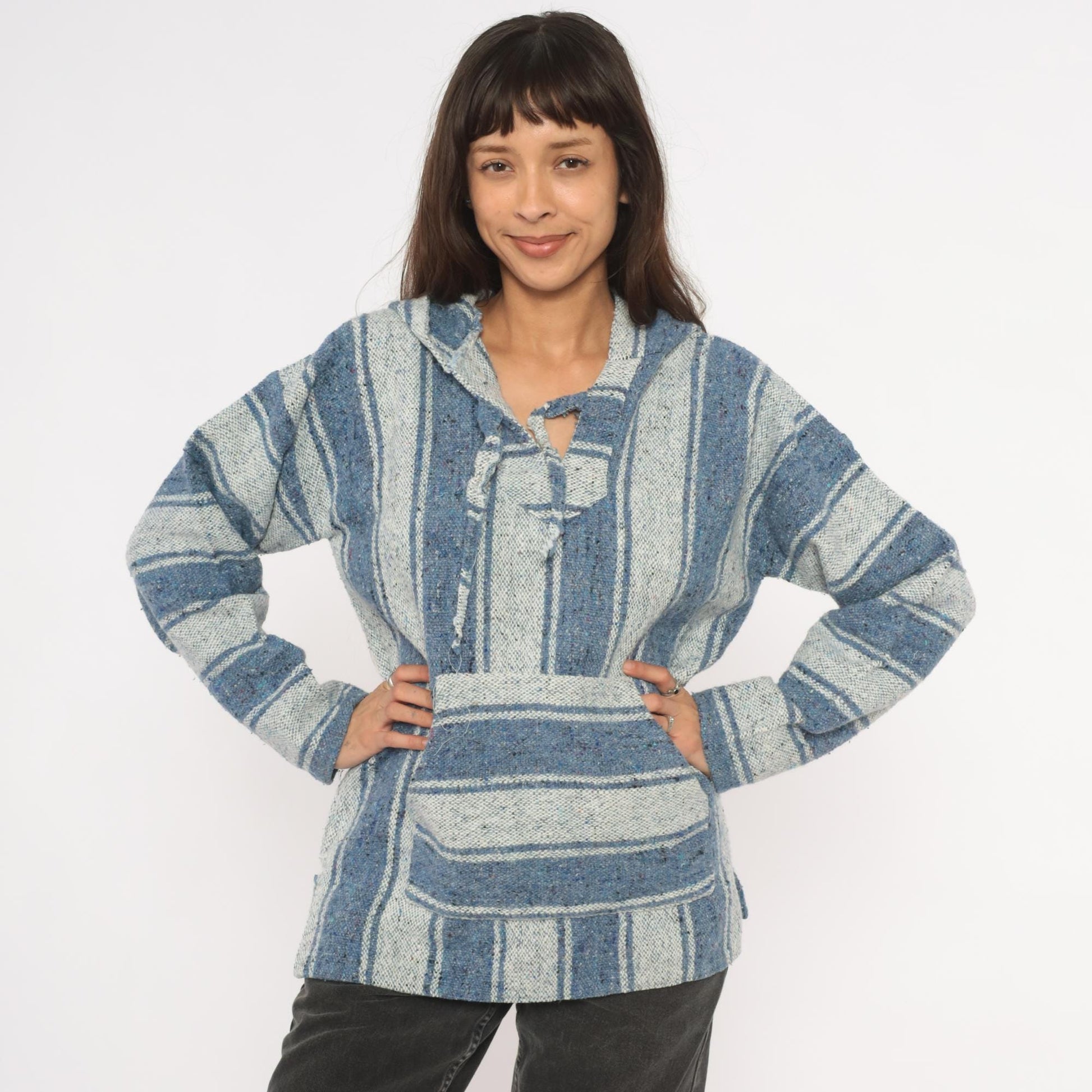2000s Yarina Threads Blue Striped Baja Hoodie Woven Pullover Medium M