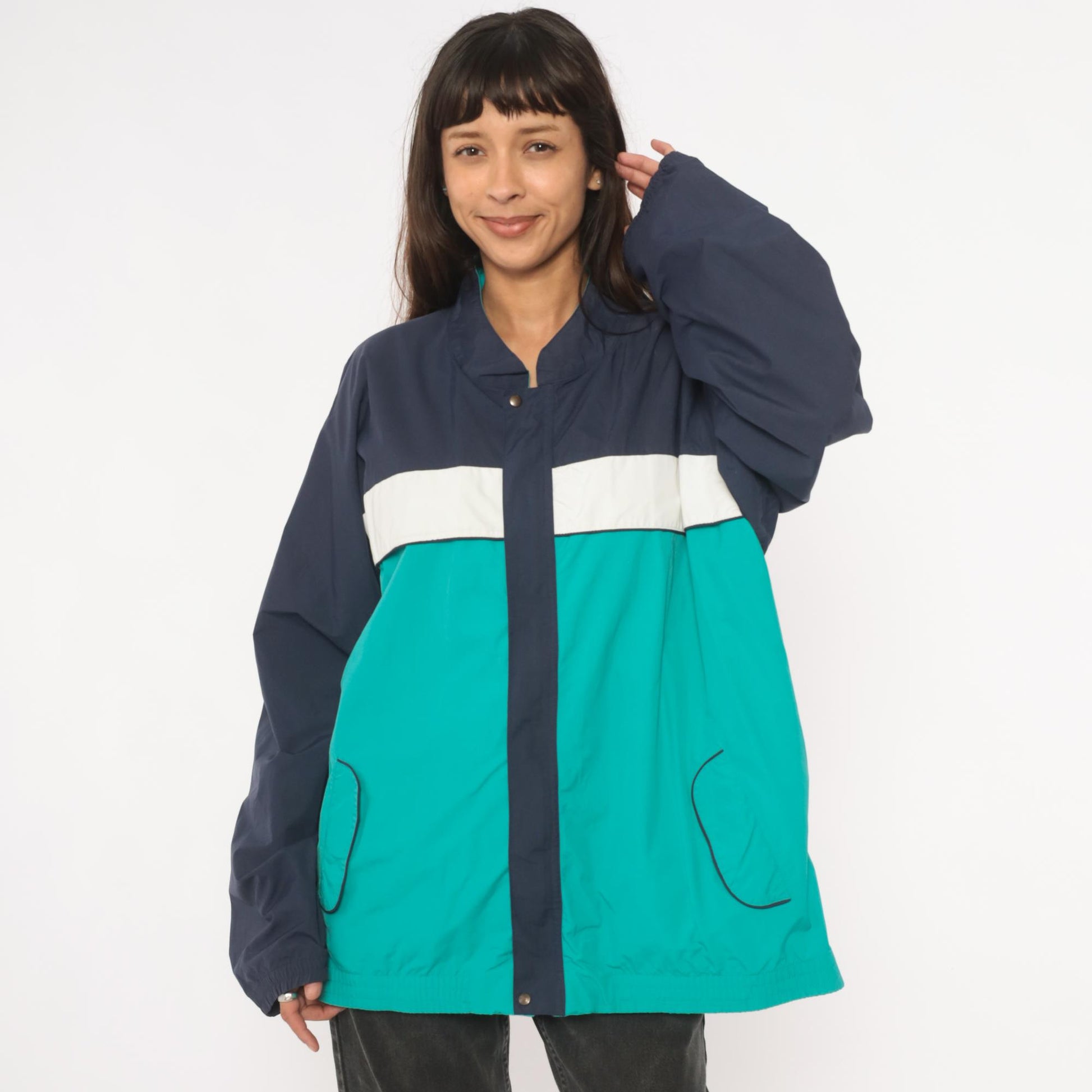 90s Tourney Colorblock Windbreaker Teal Navy White Snap Jacket Extra Large XL