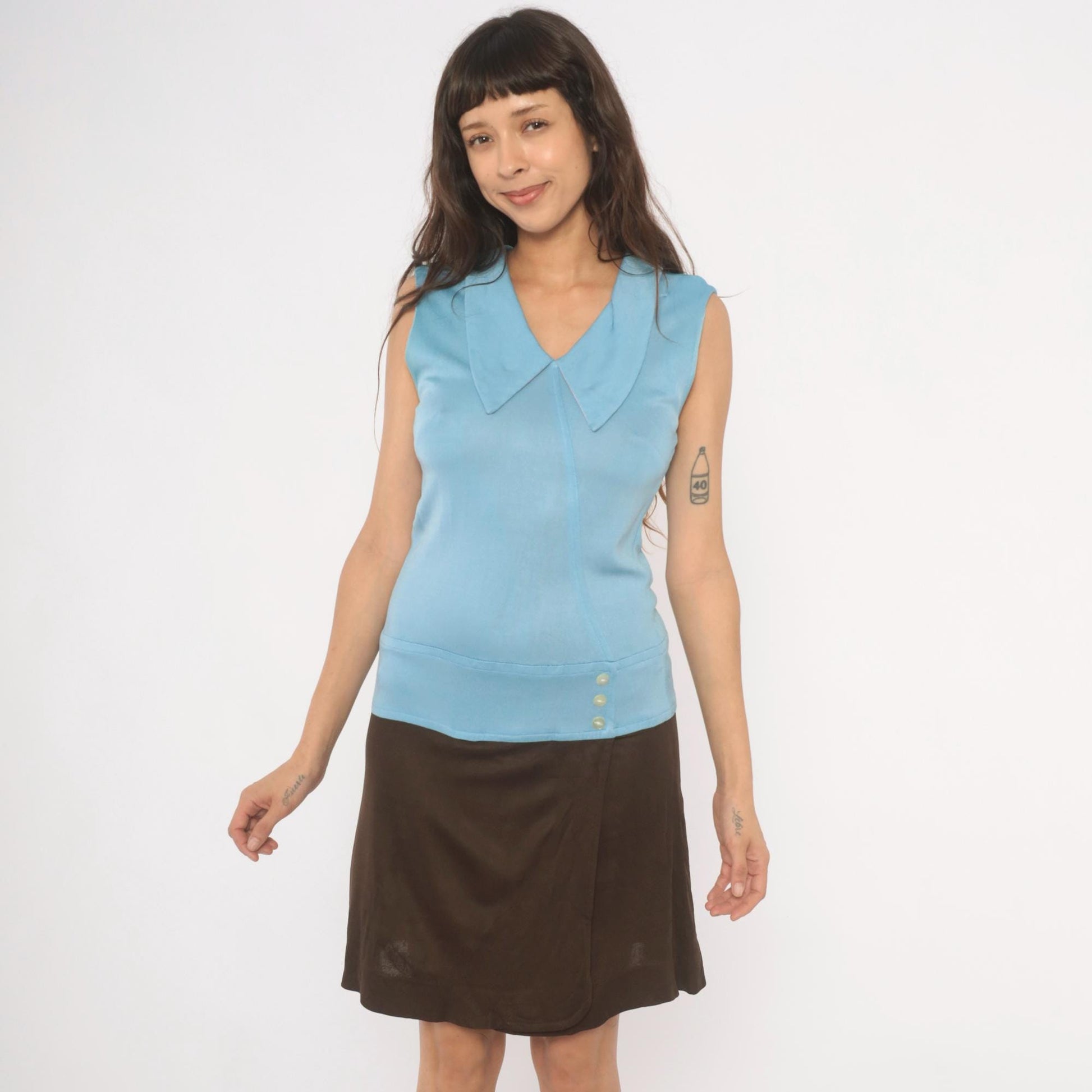 60s Mod Colorblock Shift Dress Sky Blue Brown Pointed Collar Small S