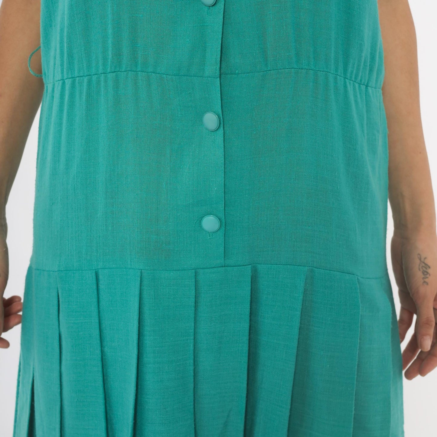 80s Sabino Teal Midi Dress Button Front Drop Waist Pleated Raglan Large L